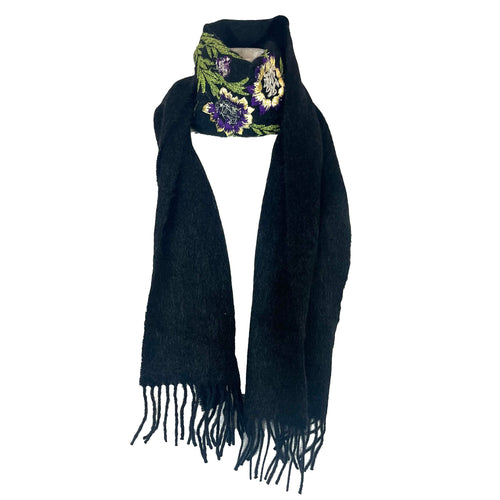 Dries Van Noten Brand New Embroidered Charcoal Cashmere Scarf