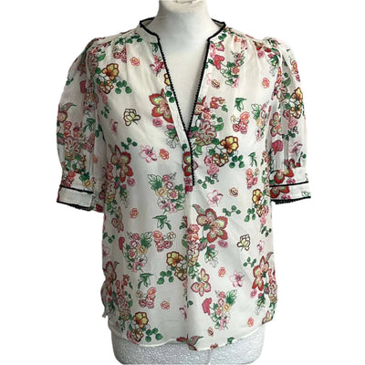 Me&Em Cream Bright Camellia Floral Silk & Cotton Blouse XXS