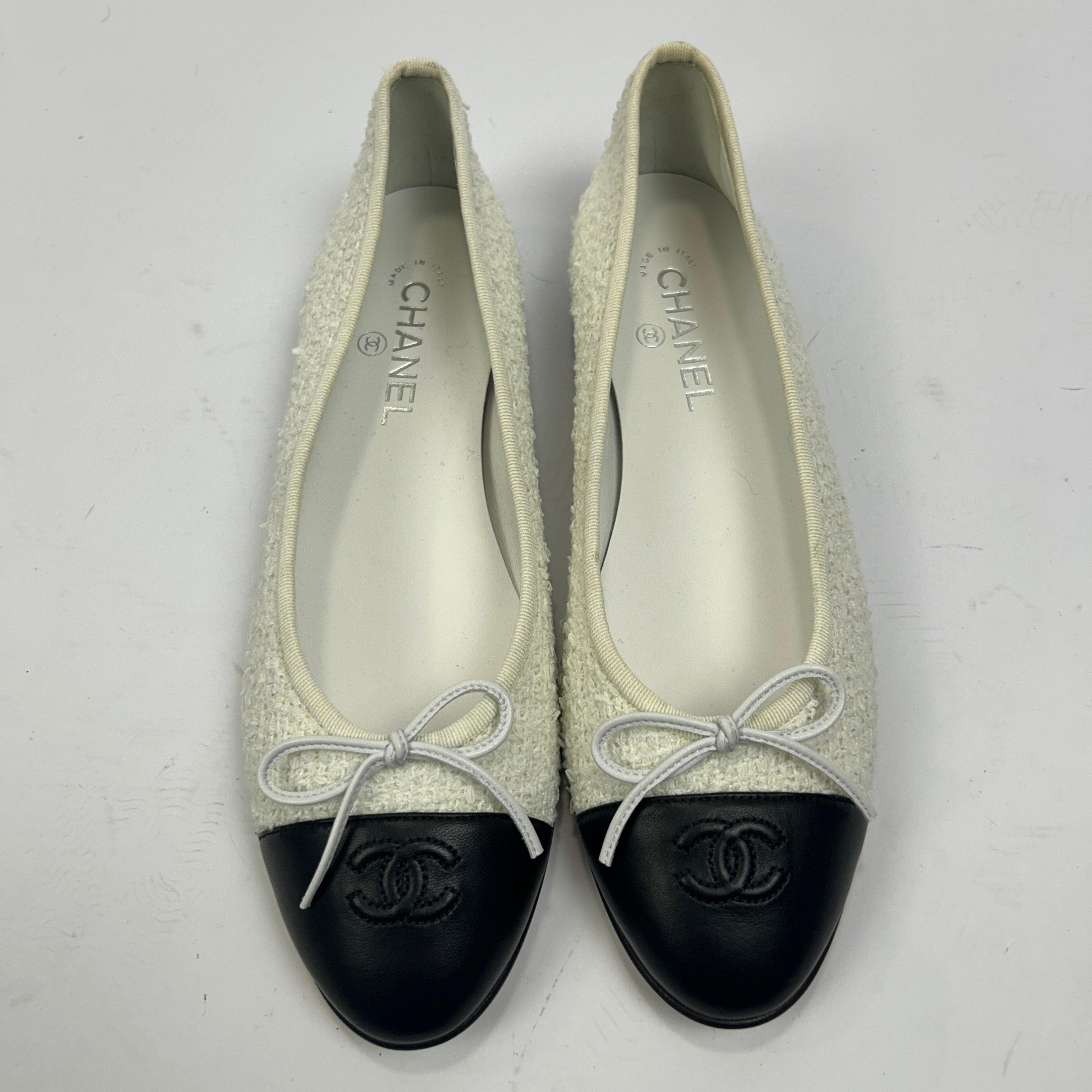 Chanel New Ivory Tweed Ballet Flats 42