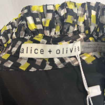 Alice & Olivia Black & Yellow Geometric Print Silk Midi Dress XS