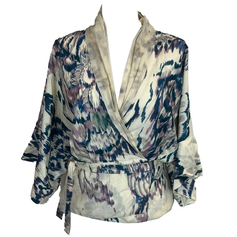 Dries Van Noten Teal Lilac & Cream Silk Print Kimono Top S