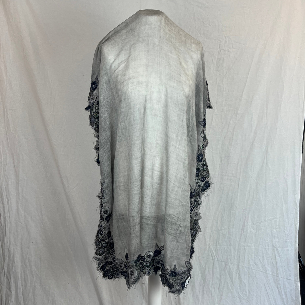 Faliero Sarti Pearl Grey Embroidered Viscose & Wool Scarf