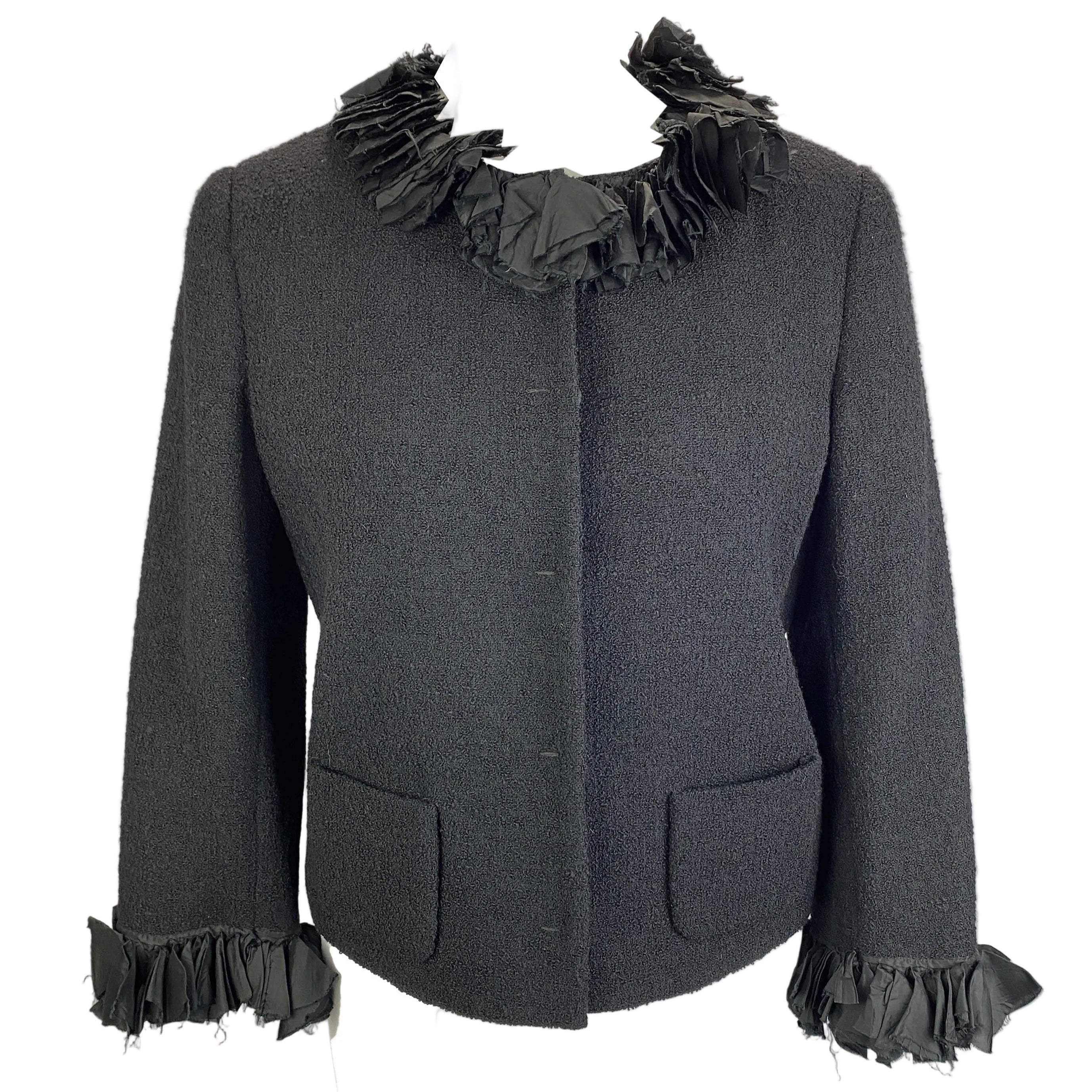 Moschino Black Boucle Jacket with Silk Ruffle Collar L