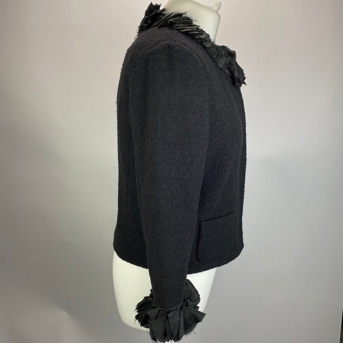 Moschino Black Boucle Jacket with Silk Ruffle Collar L