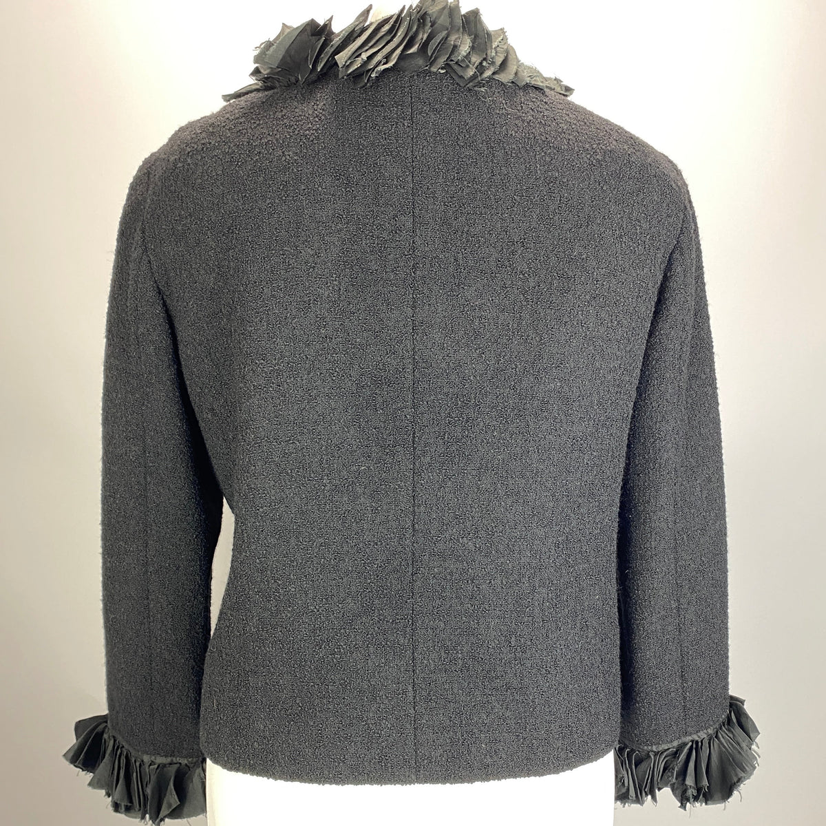 Moschino Black Boucle Jacket with Silk Ruffle Collar L
