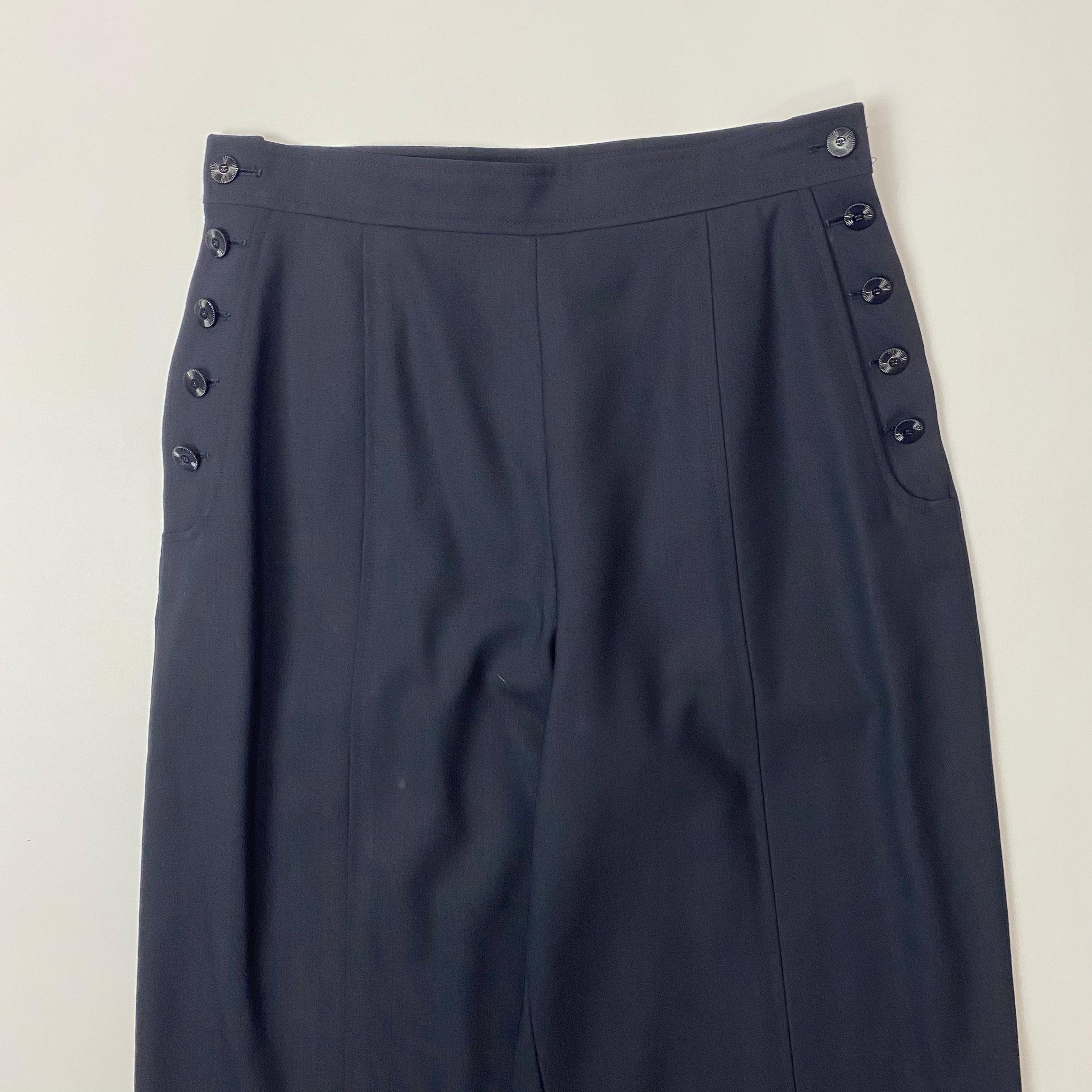 Chanel Navy Wool Crepe Sailor Trousers M
