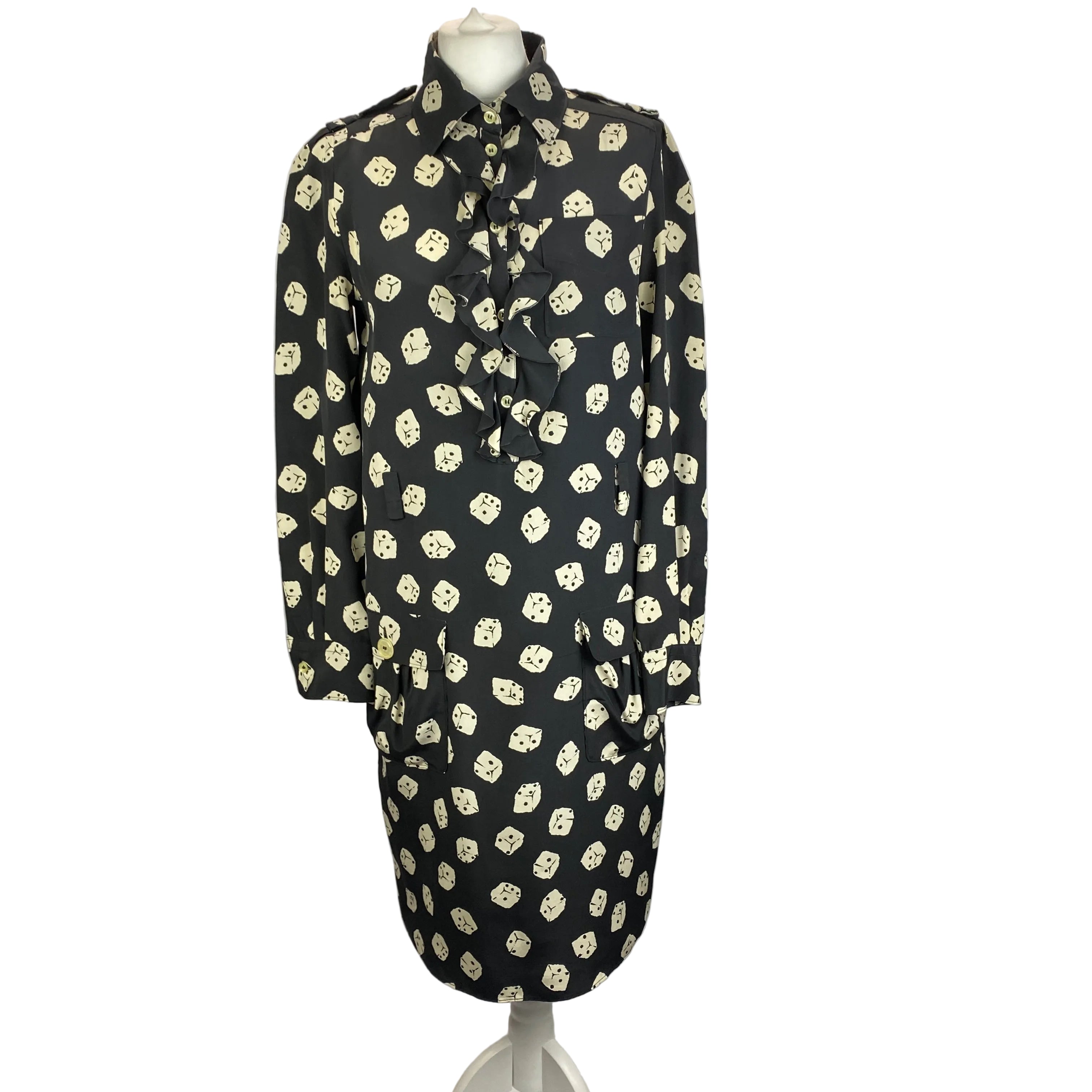 Moschino Black & Cream Dice Print Silk Shirtdress S
