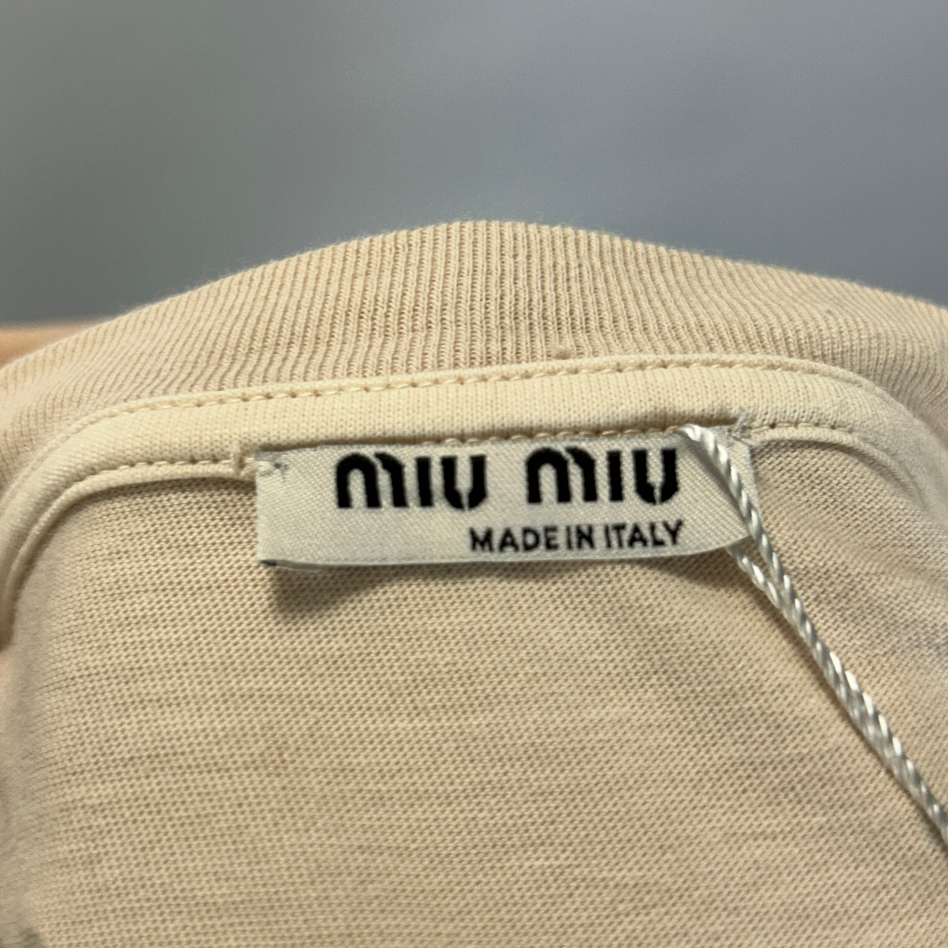 Miu Miu Cream Logo Tee with Crystal Embellishment O/S