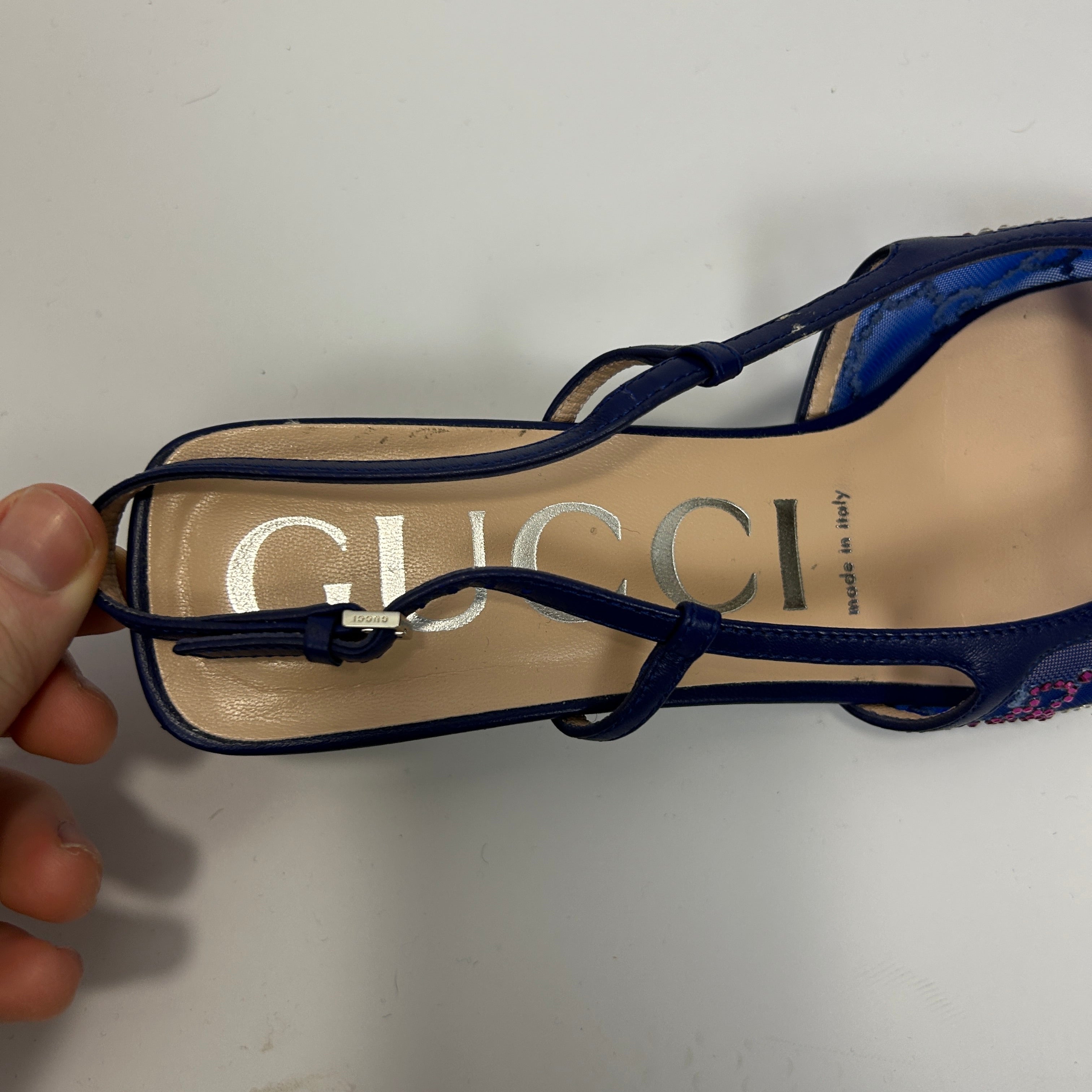 Gucci £845 Blue GG Crystal Slingback Heels 38.5