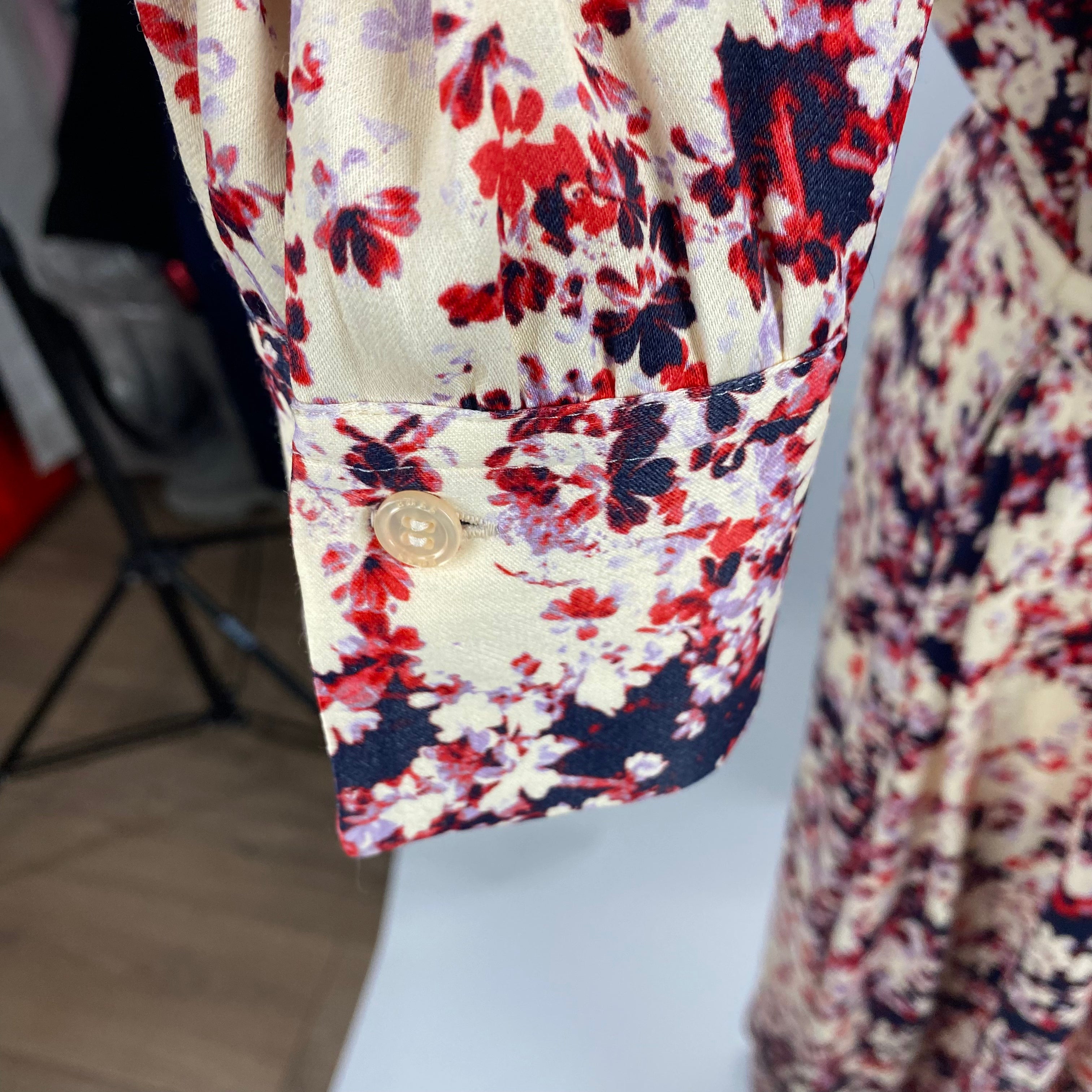 Hugo Boss Cream & Ruby Floral Print Satin Shirtdress L