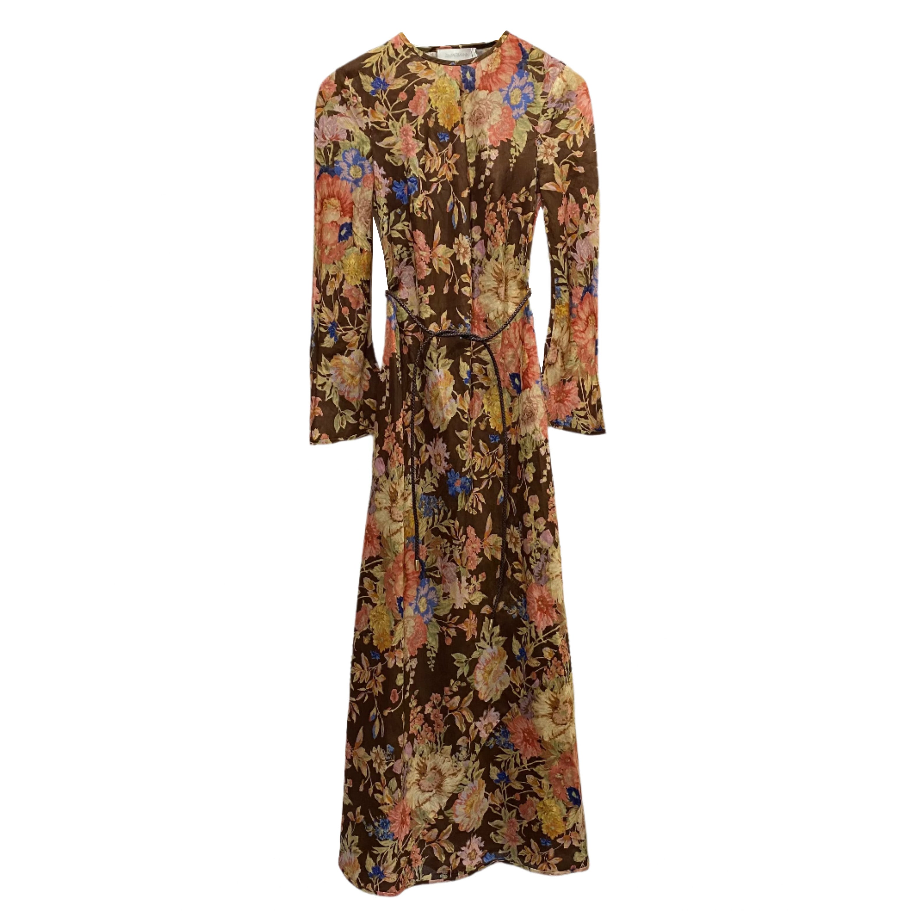 Zimmermann New £695 Chocolate Floral Linen Maxi Dress S