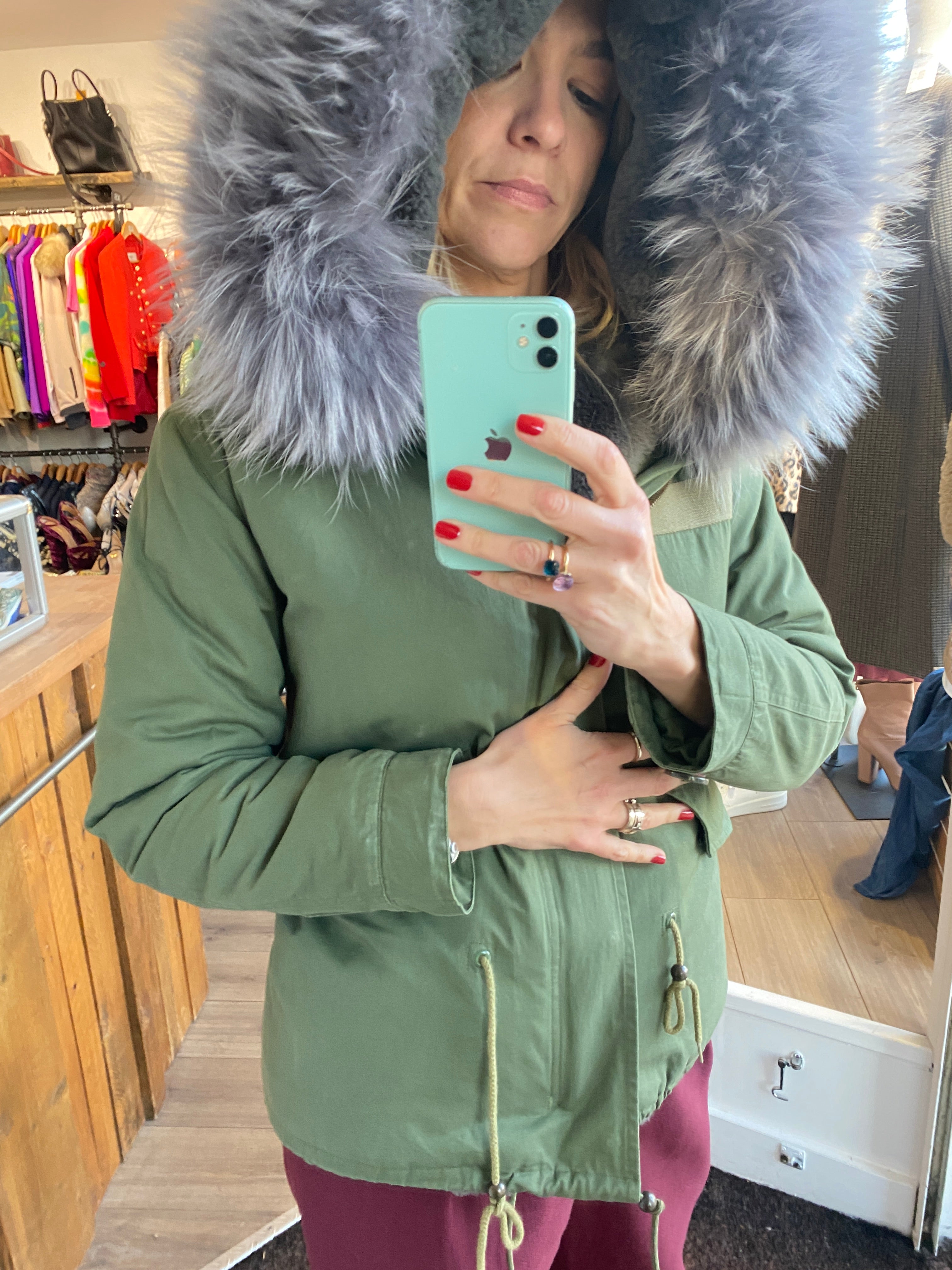 Popski Khaki Short Fur-Lined Parka XS/S