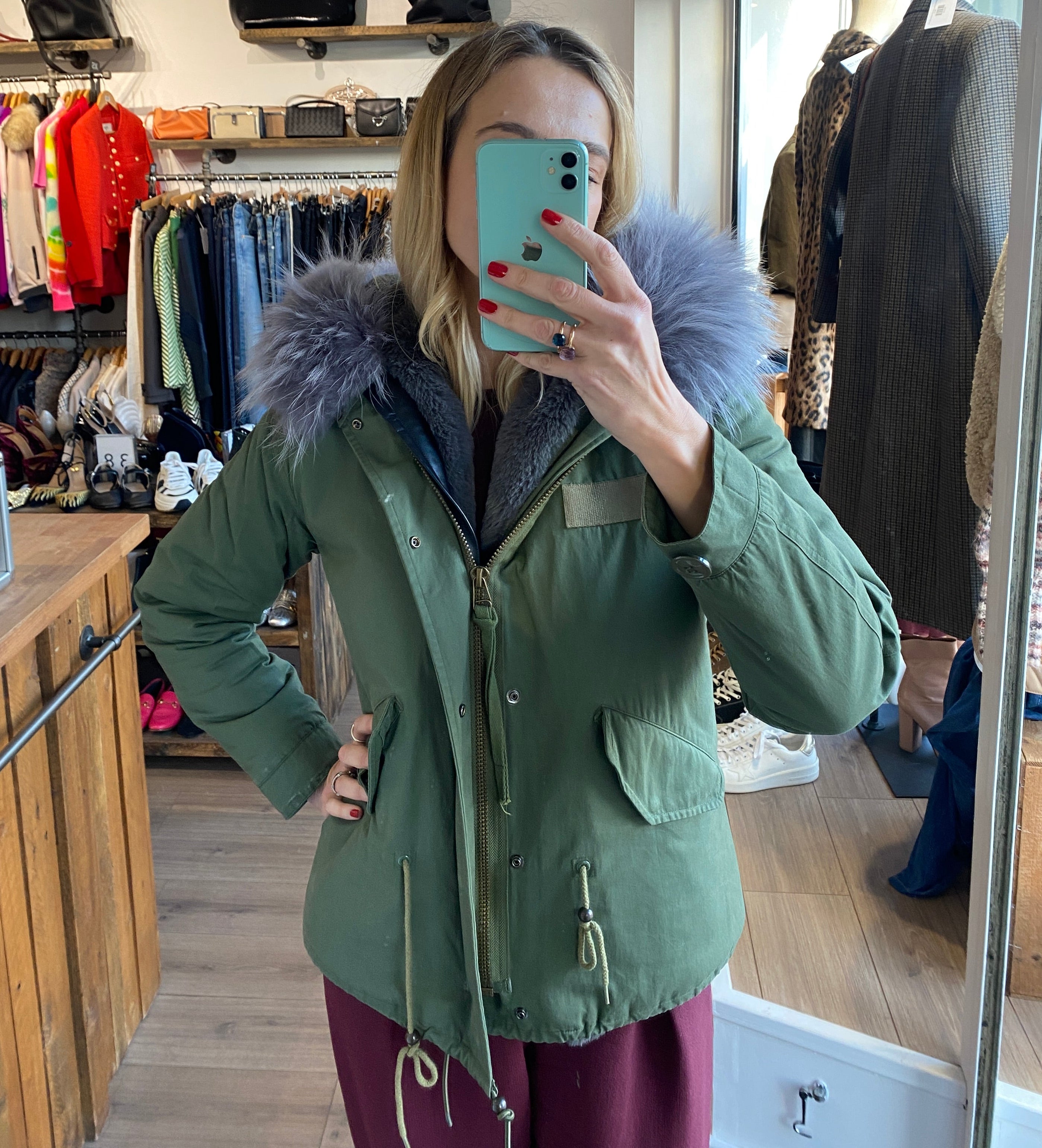 Popski Khaki Short Fur-Lined Parka XS/S