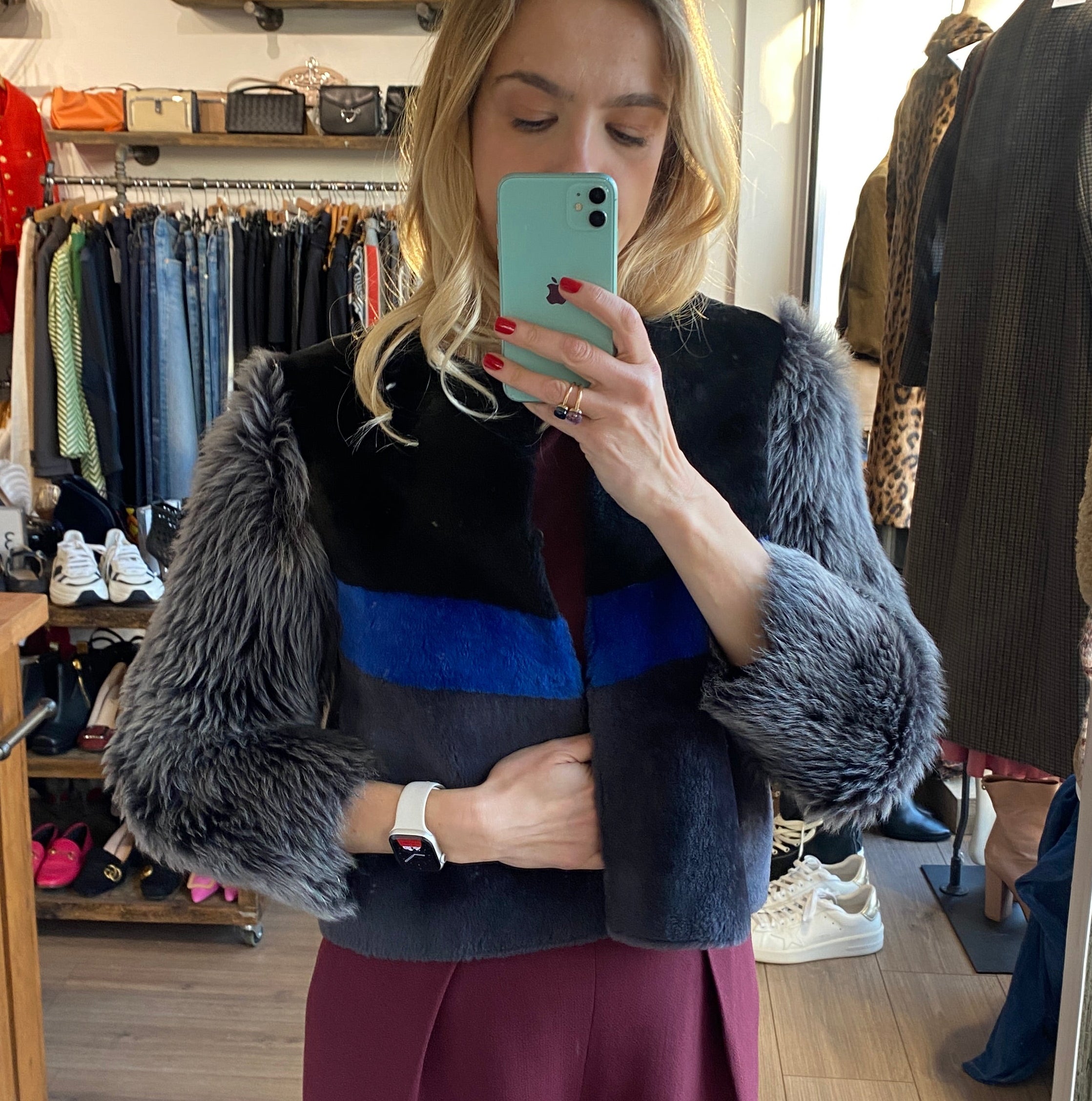 Uterque Black Grey & Blue Colourblock Shearling Jacket S