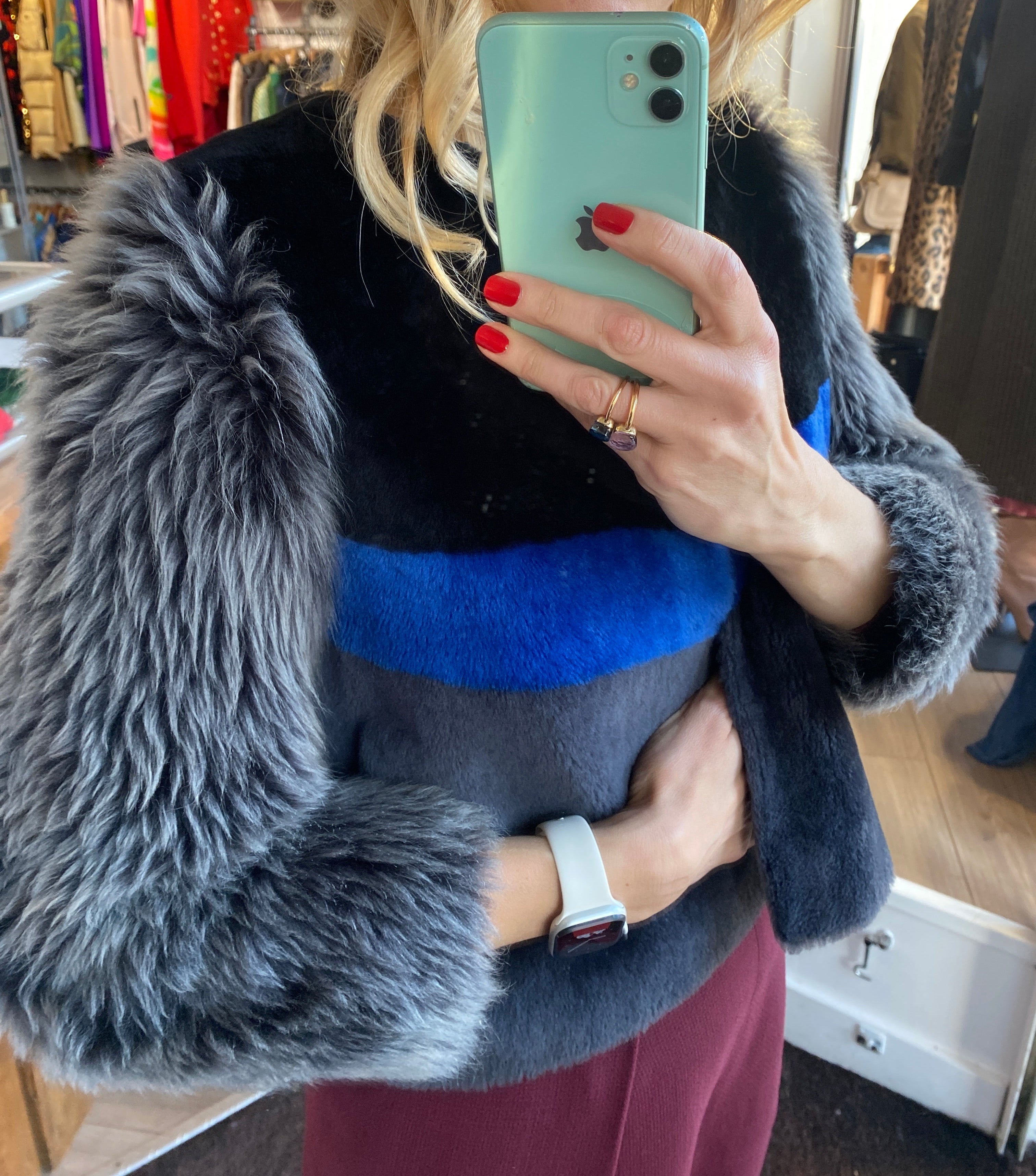 Uterque Black Grey & Blue Colourblock Shearling Jacket S