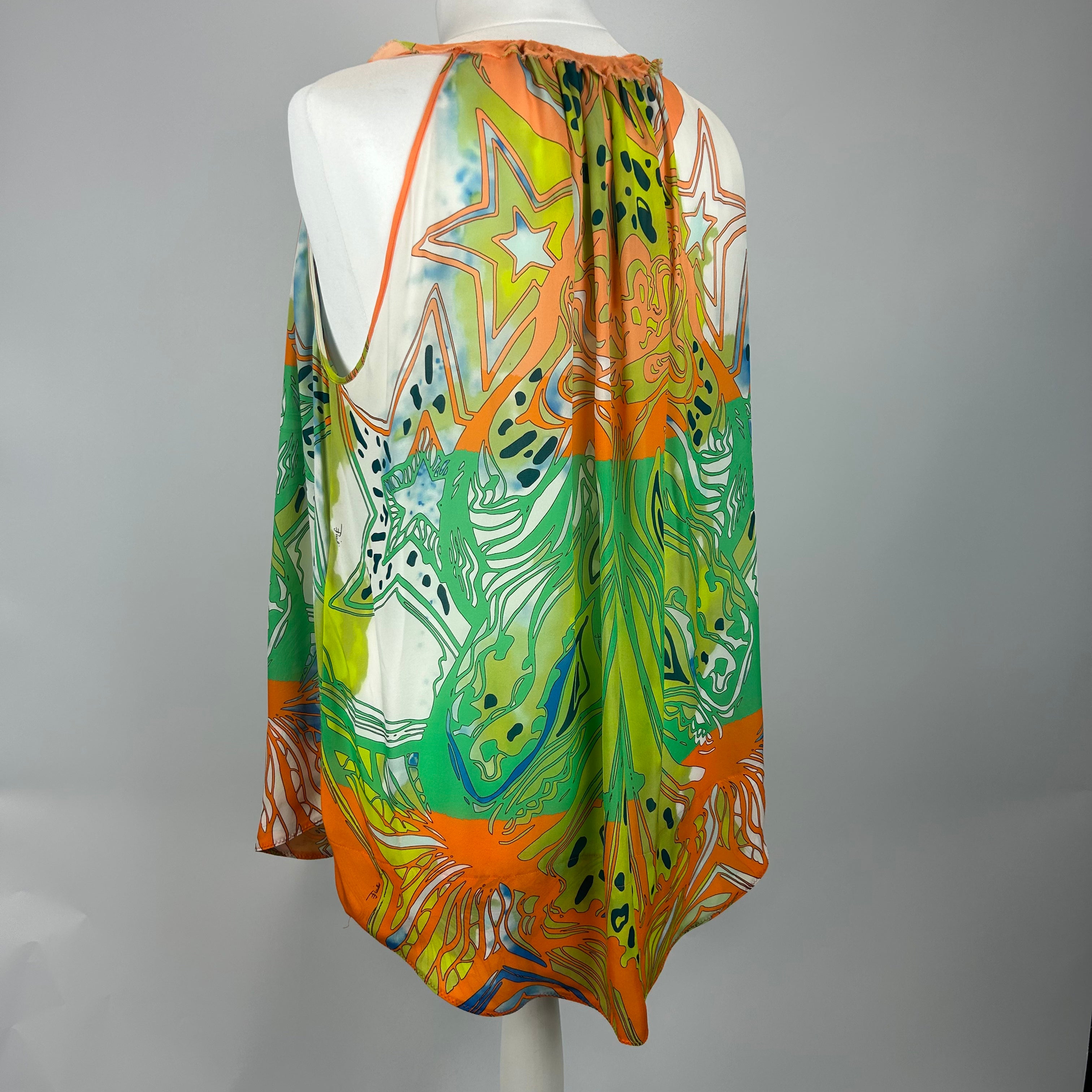 Emilio Pucci Orange & Green Print Silk Sleeveless Top L