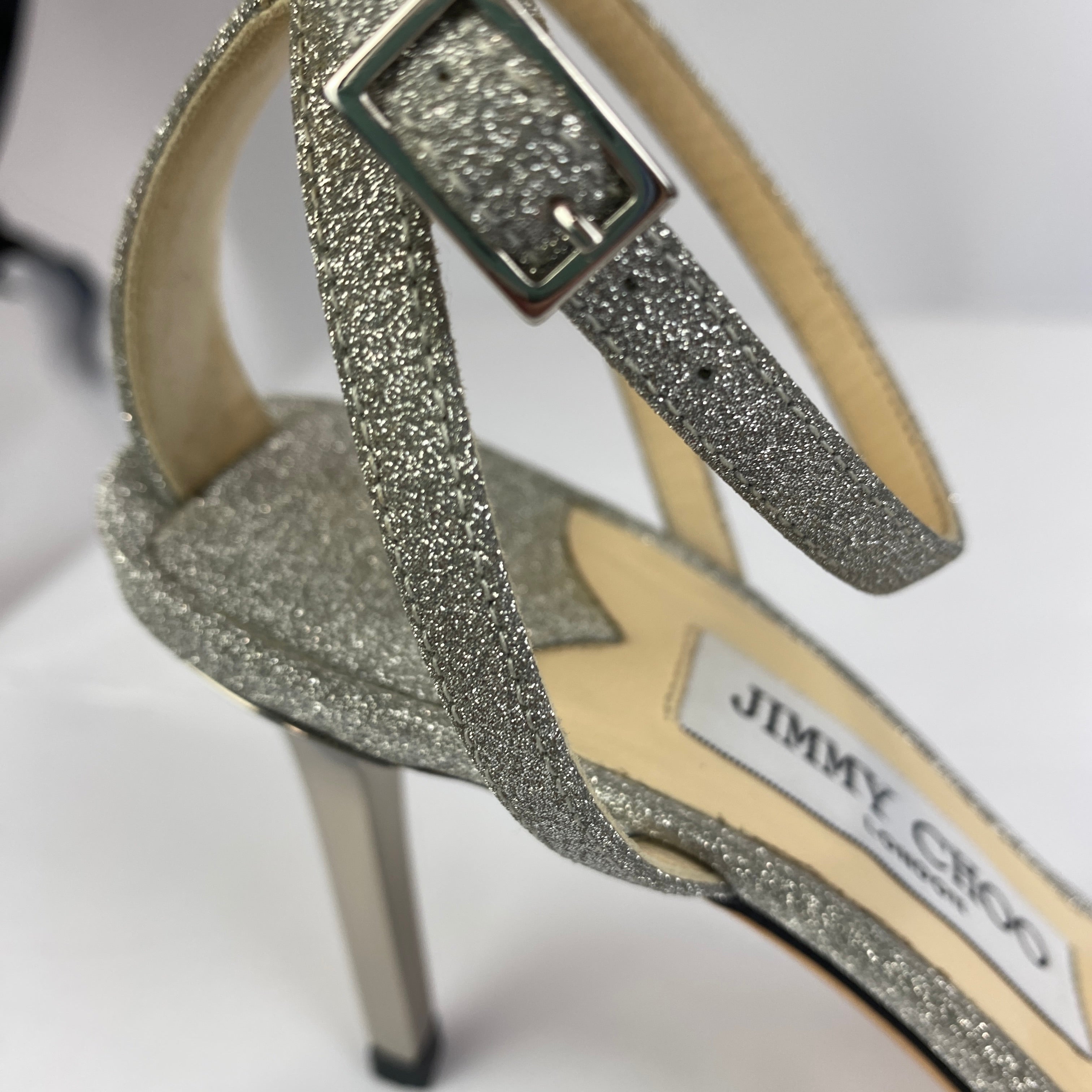 Jimmy Choo Silver Glitter Minny Sandals 37