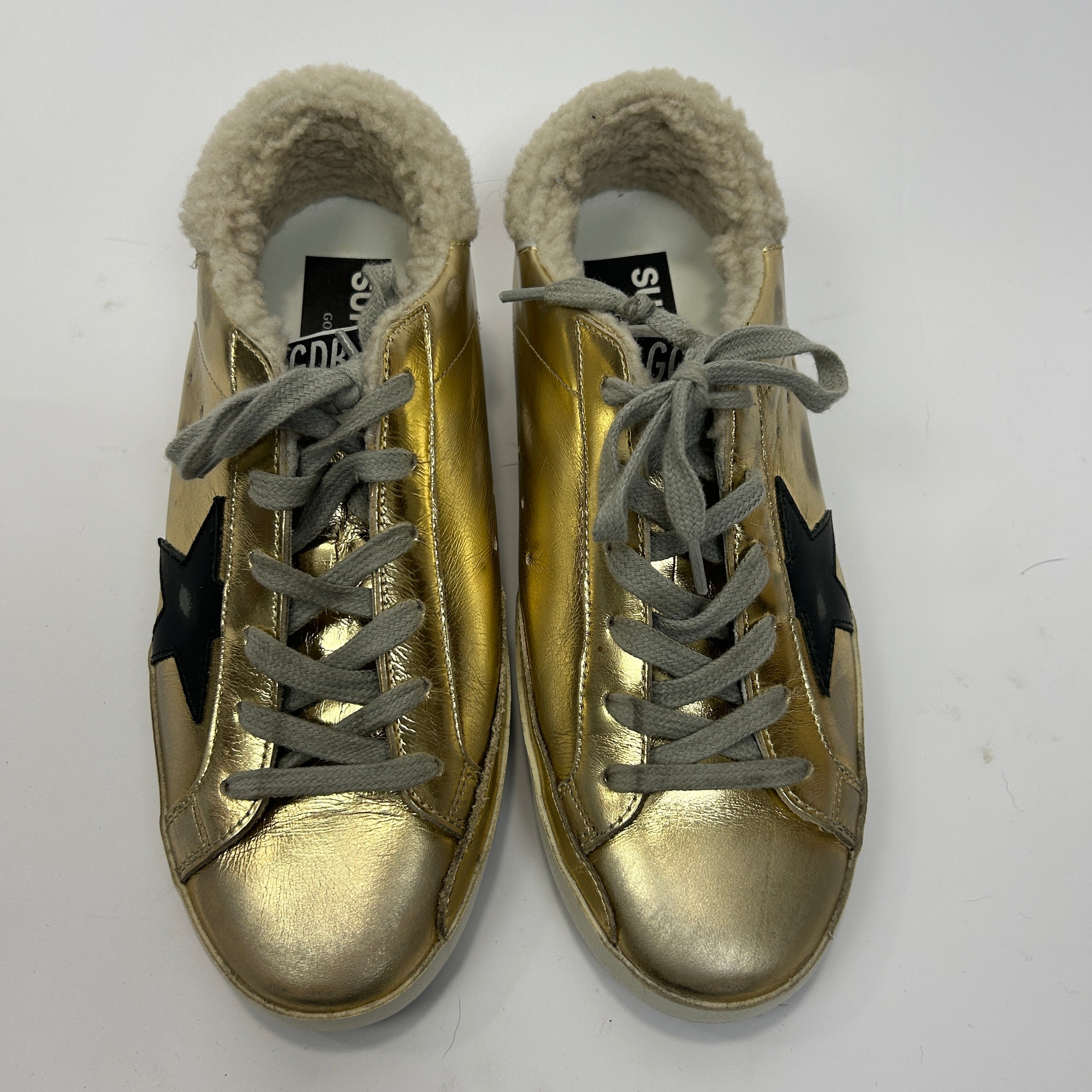 Golden Goose New £535 Gold Sheepskin Trim Superstar Trainers 38