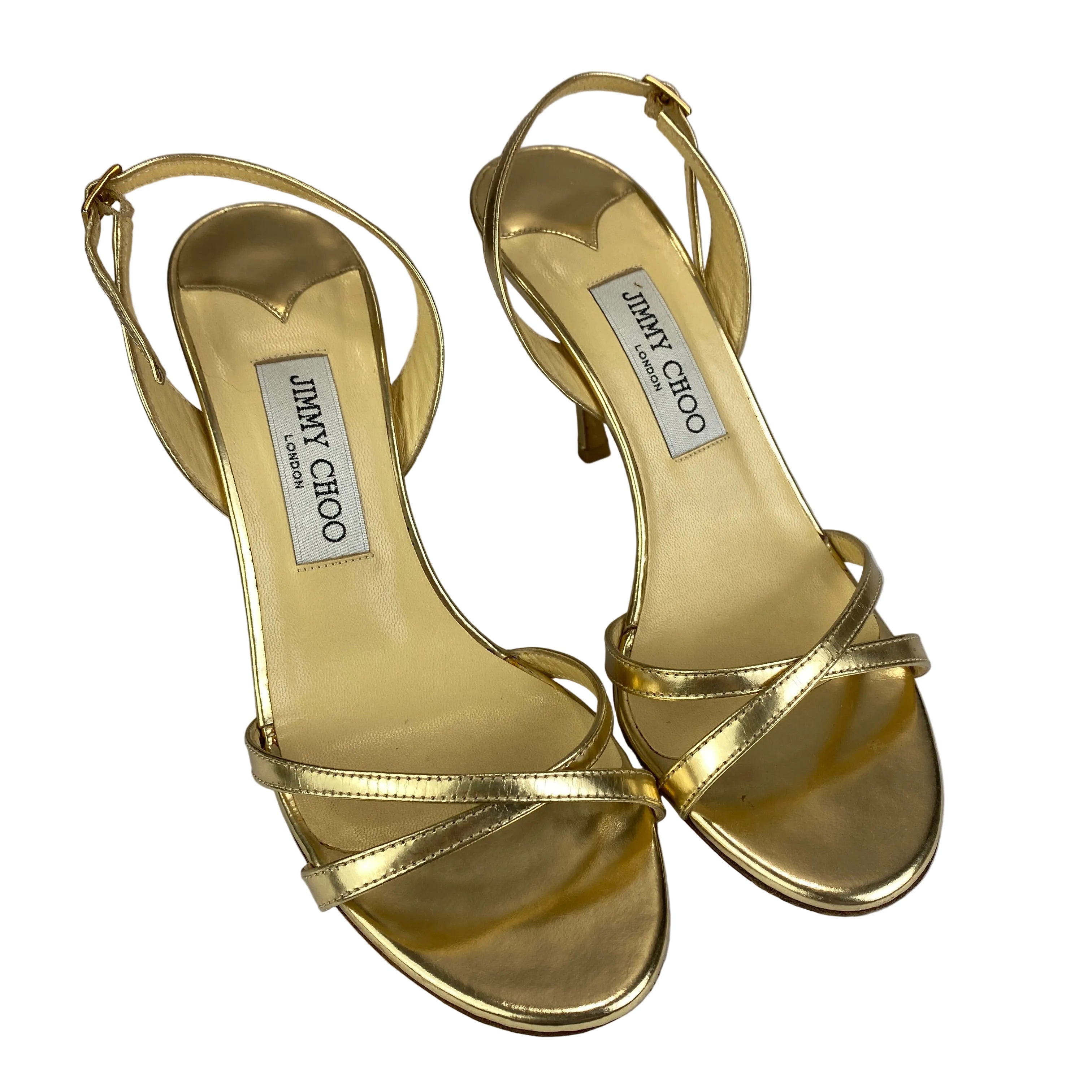 Jimmy Choo Gold Foil Criss Cross Ankle Strap Sandals 38