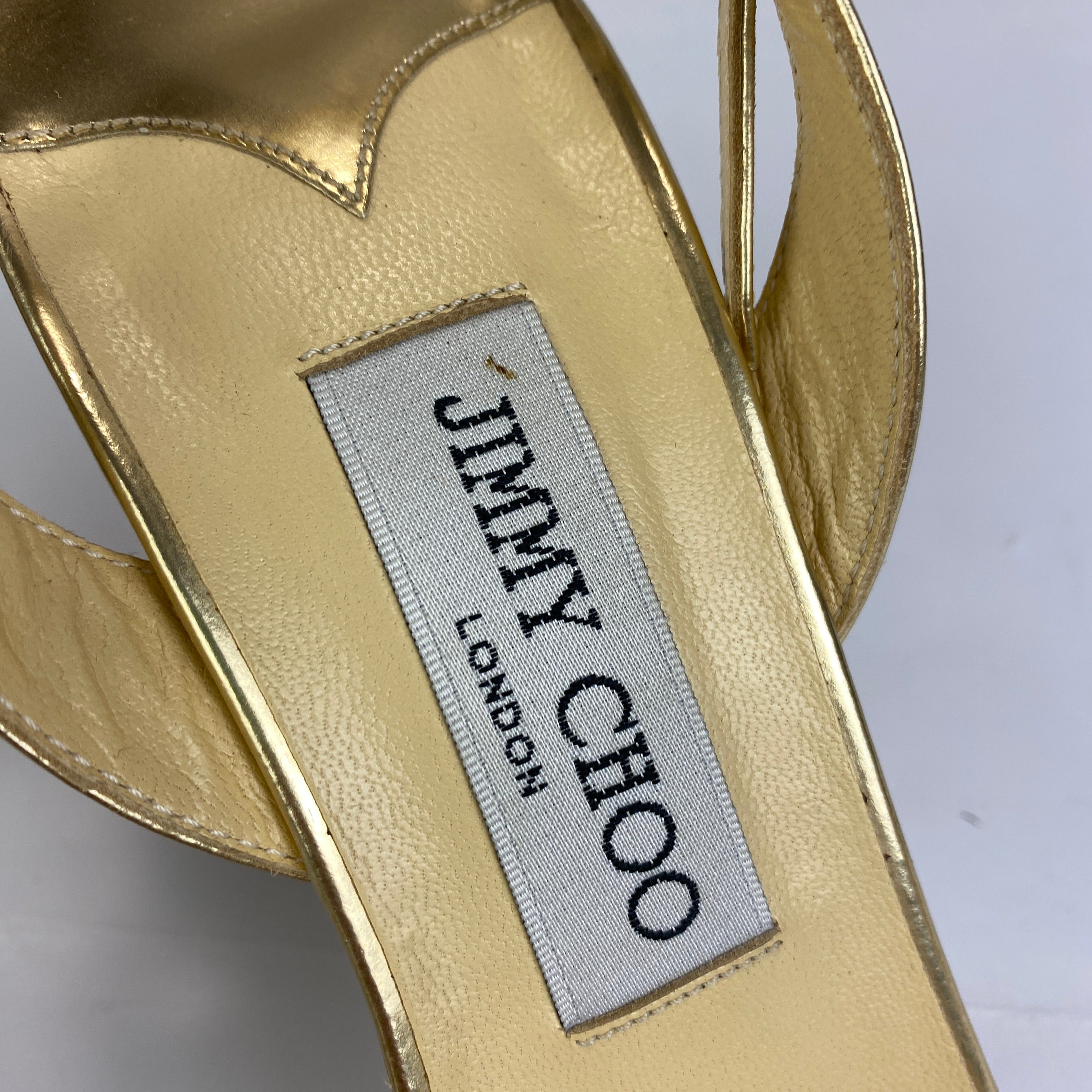 Jimmy Choo Gold Foil Criss Cross Ankle Strap Sandals 38