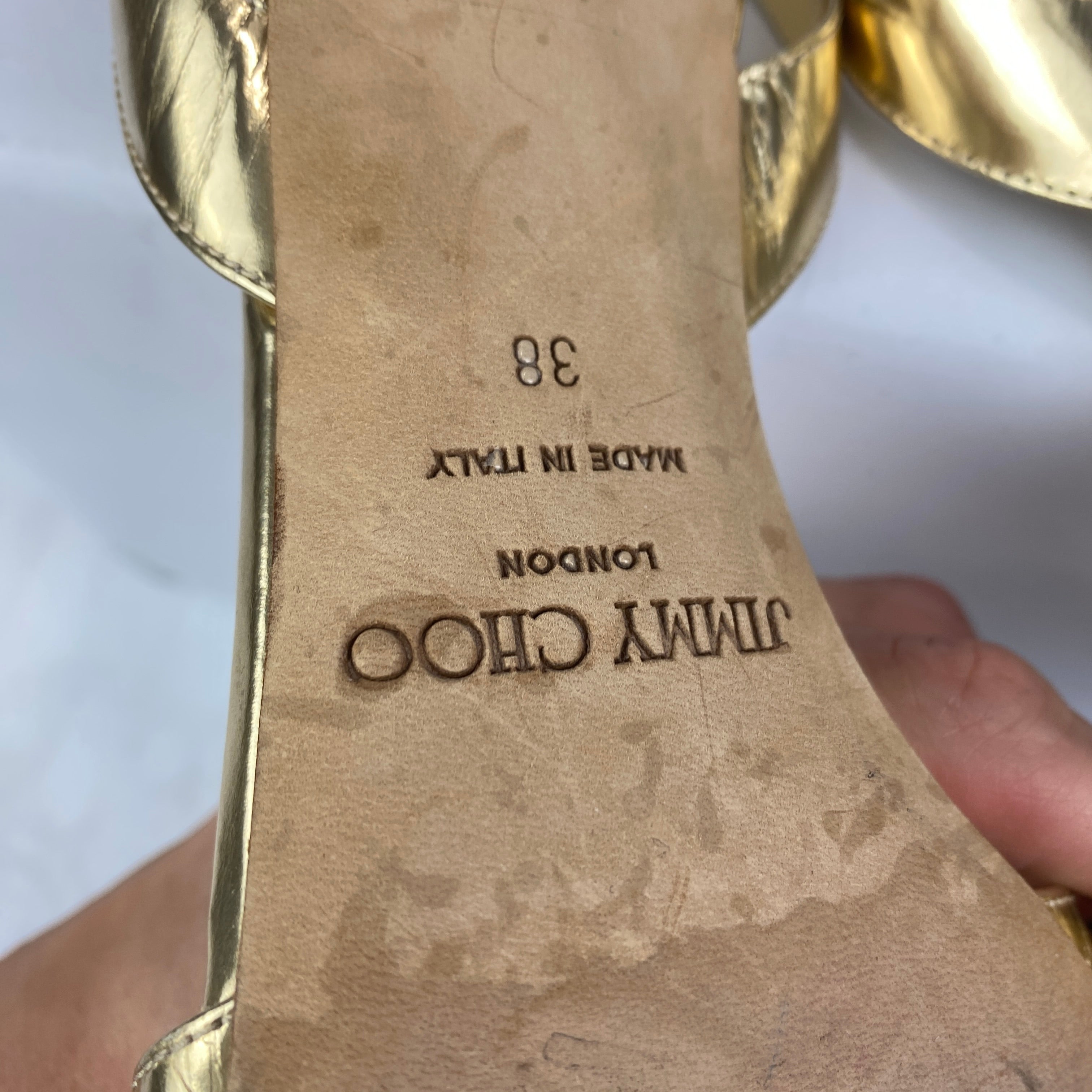 Jimmy Choo Gold Foil Criss Cross Ankle Strap Sandals 38