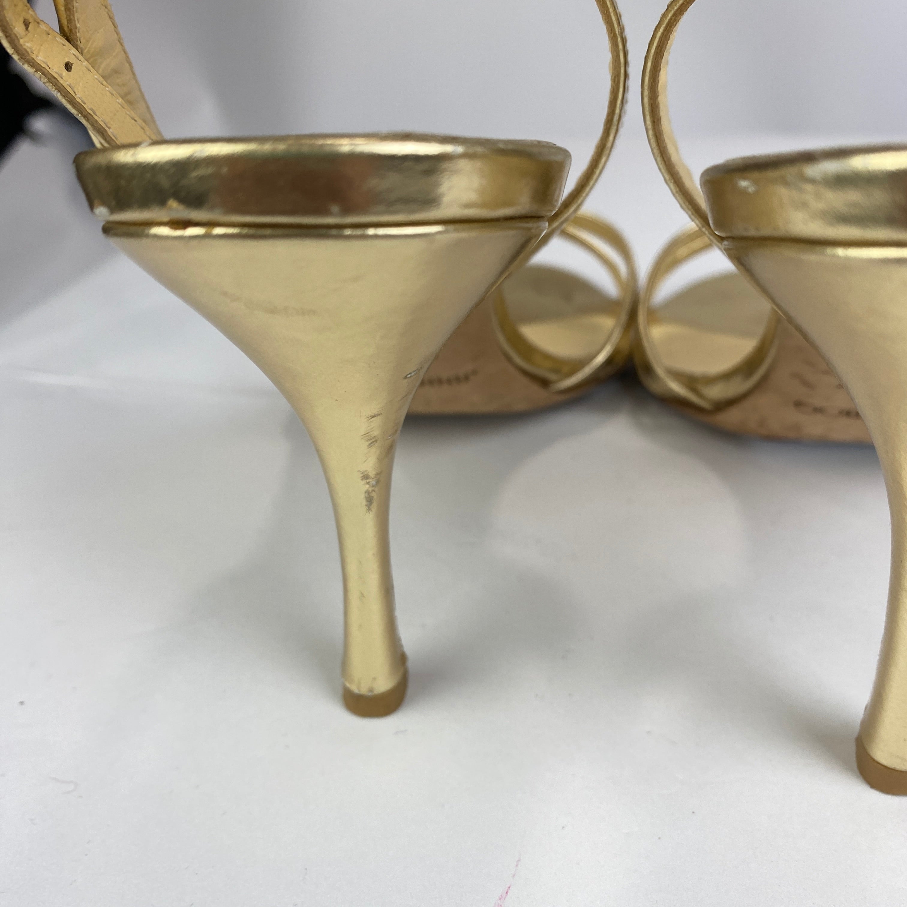 Jimmy Choo Gold Foil Criss Cross Ankle Strap Sandals 38