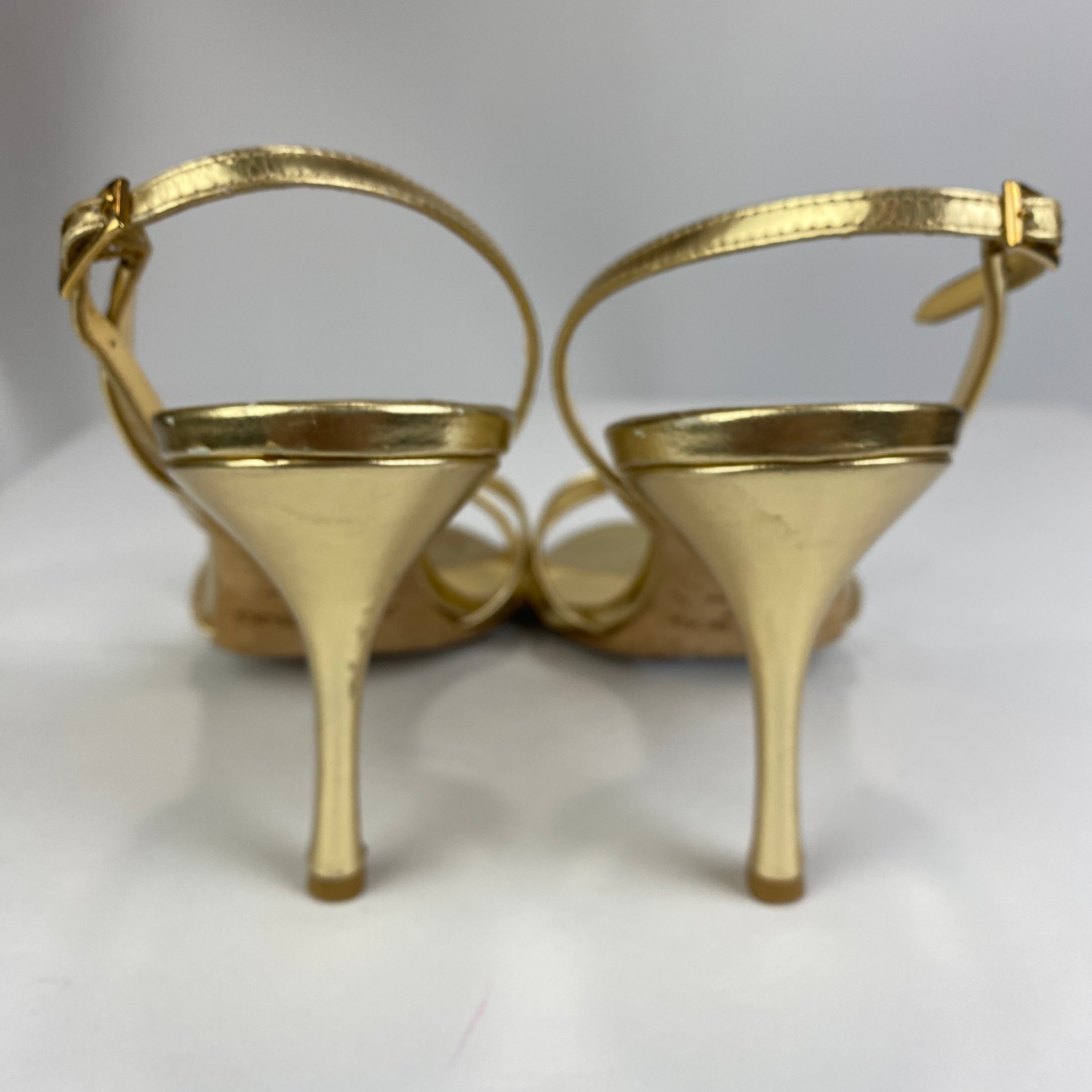 Jimmy Choo Gold Foil Criss Cross Ankle Strap Sandals 38