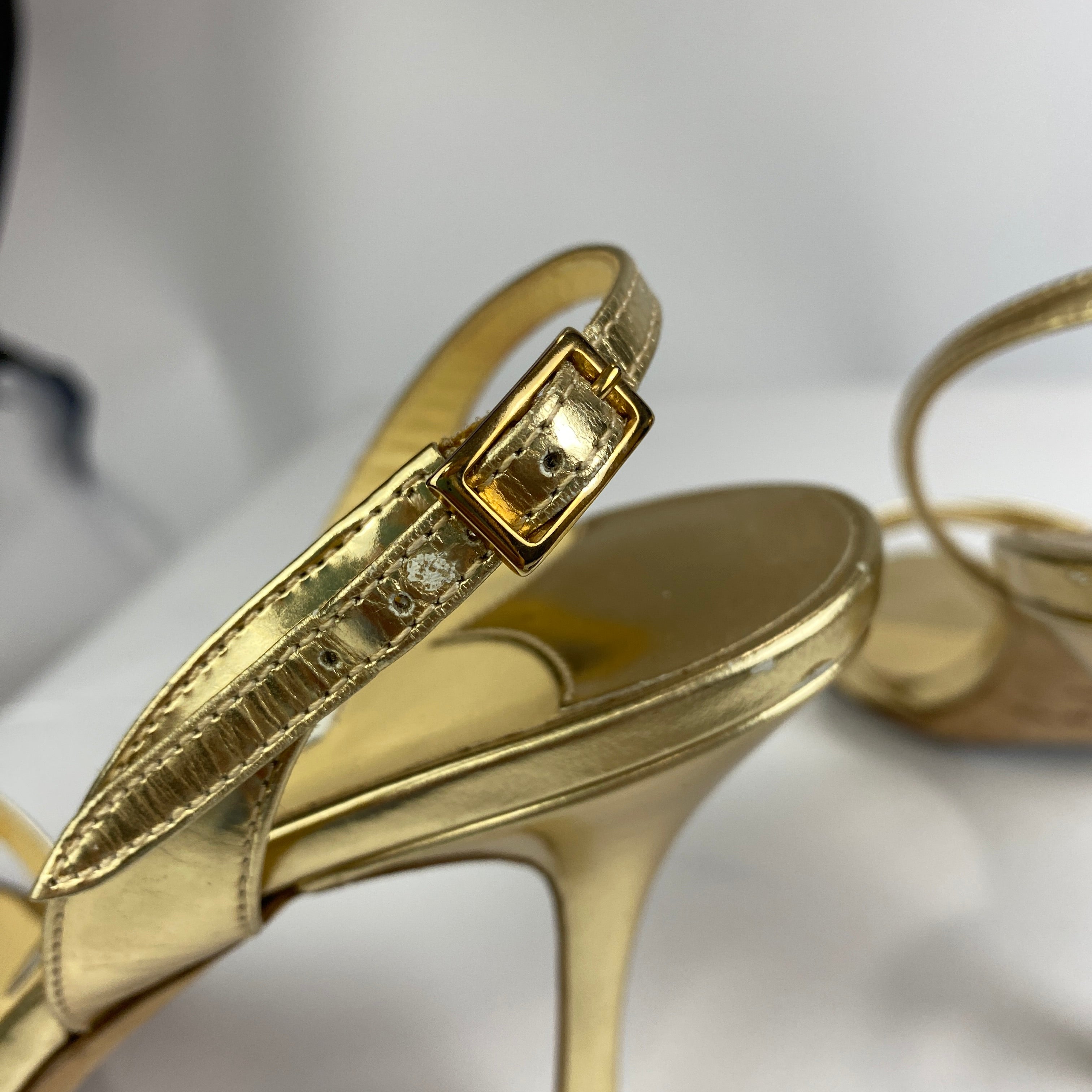 Jimmy Choo Gold Foil Criss Cross Ankle Strap Sandals 38