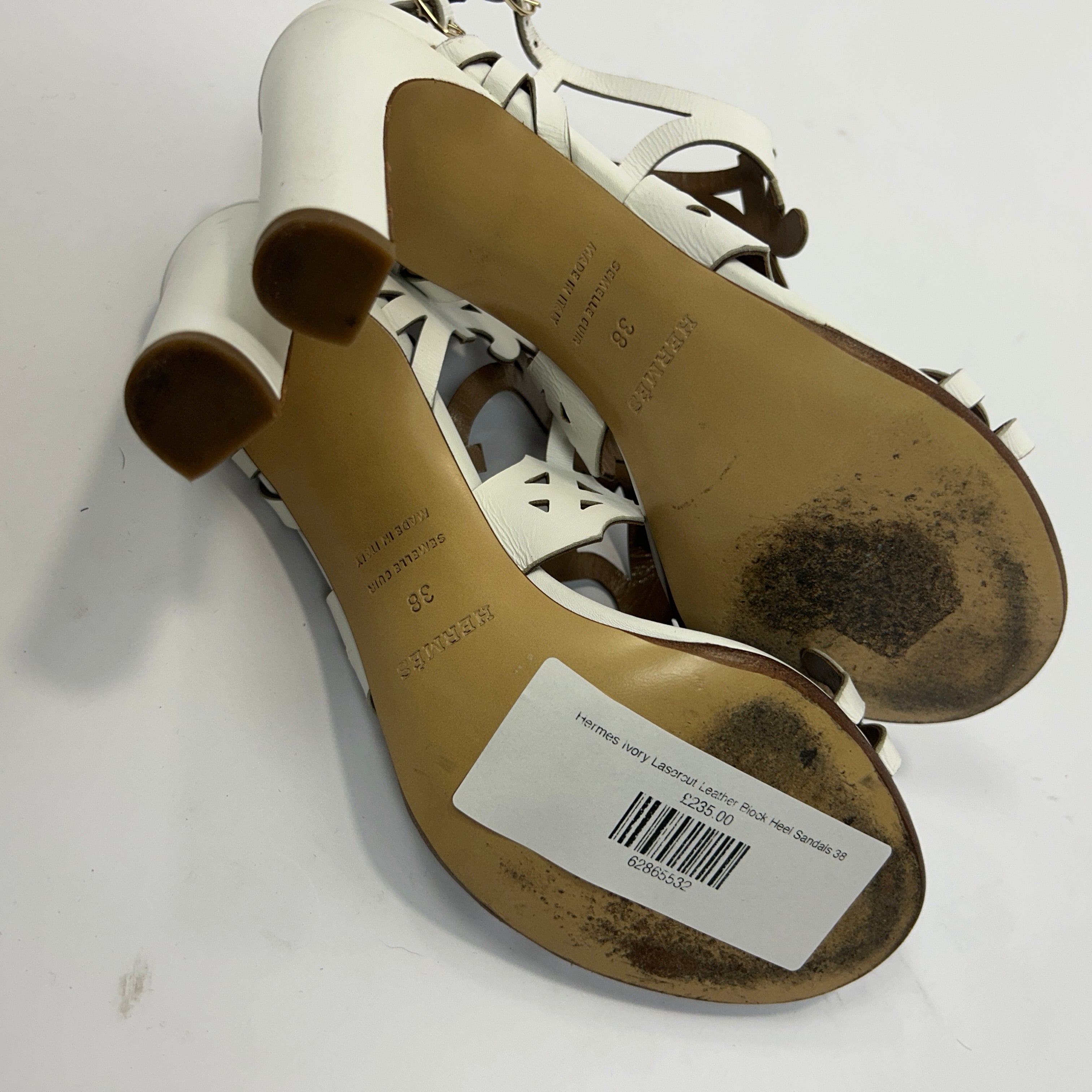 Hermes Ivory Lasercut Leather Block Heel Sandals 38