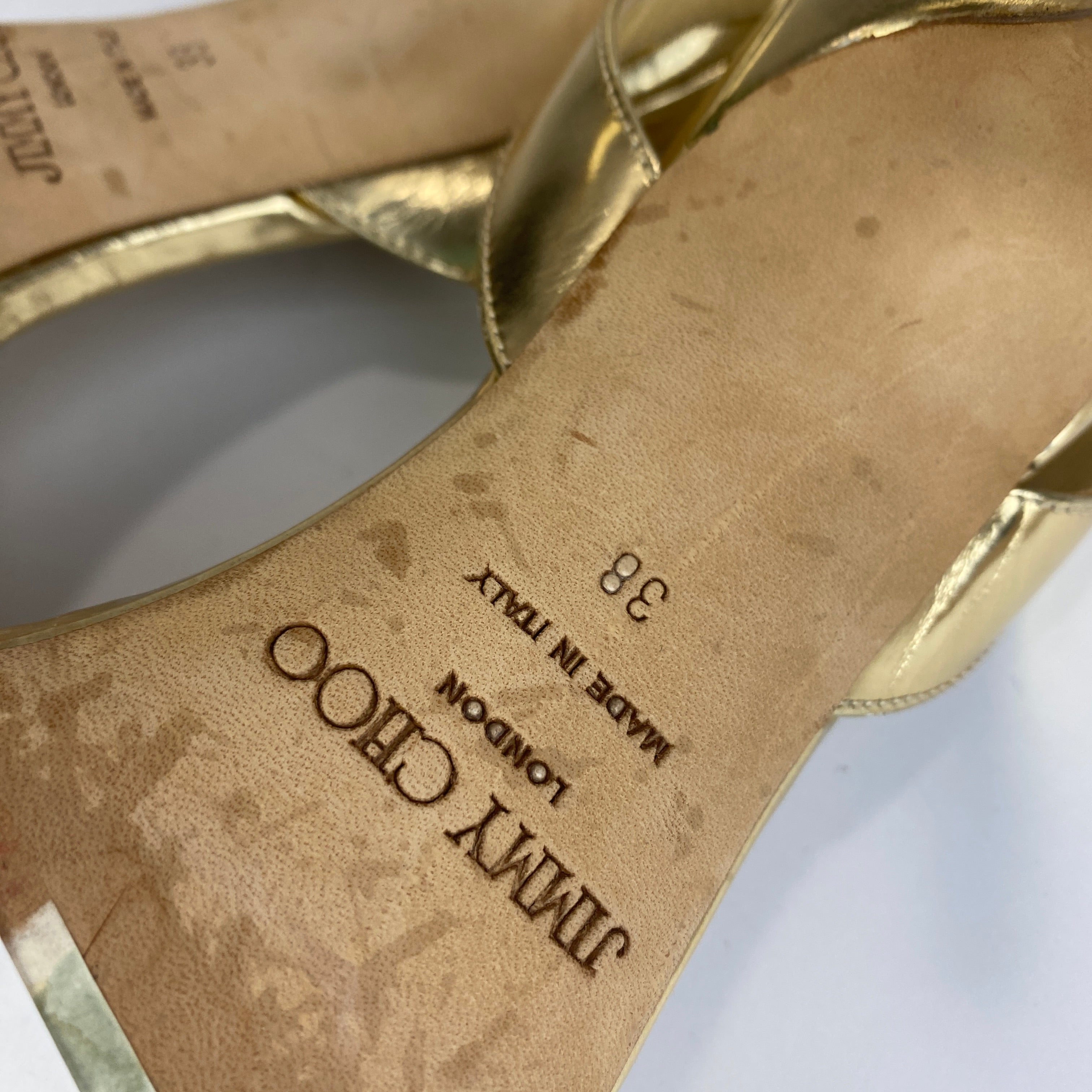Jimmy Choo Gold Foil Criss Cross Ankle Strap Sandals 38