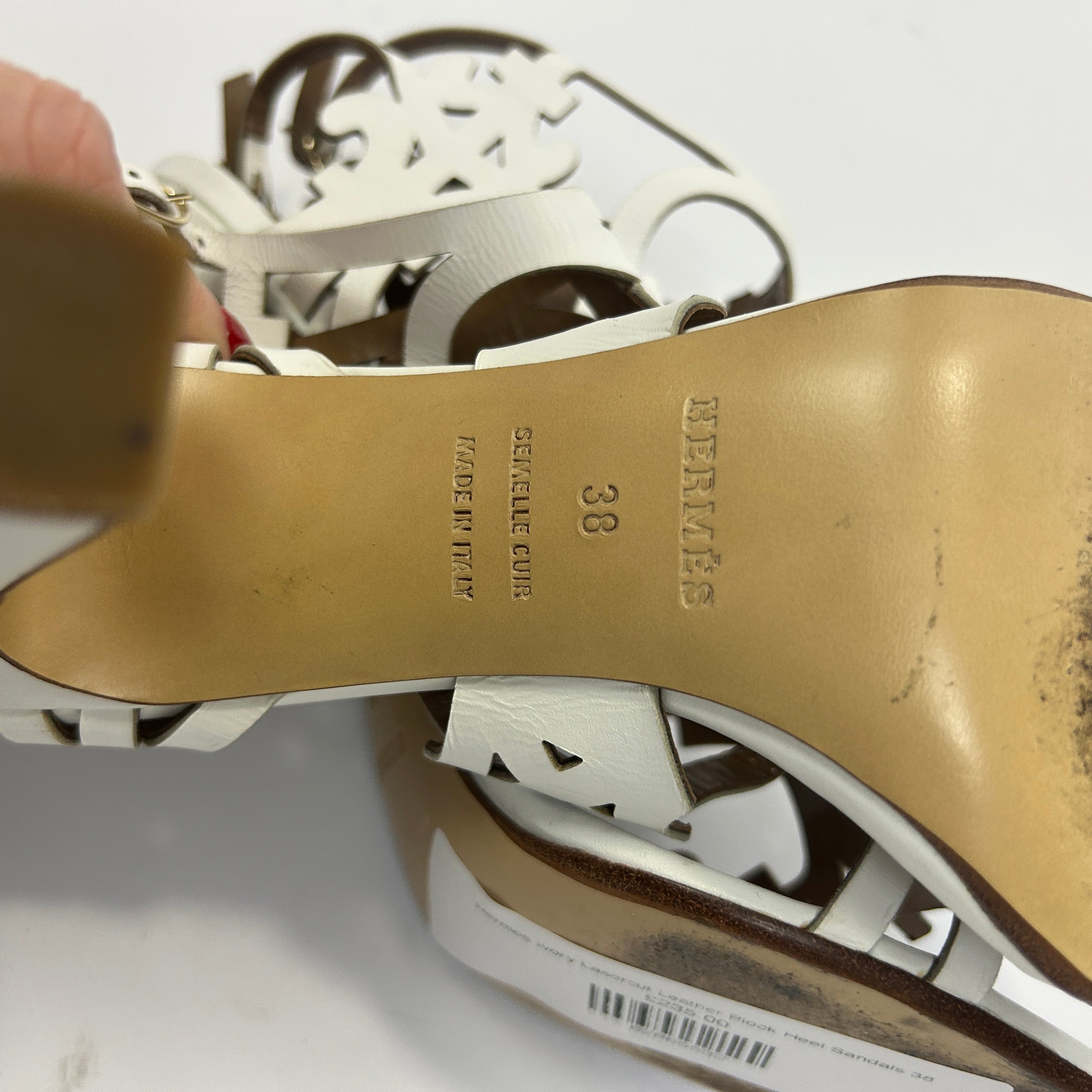 Hermes Ivory Lasercut Leather Block Heel Sandals 38