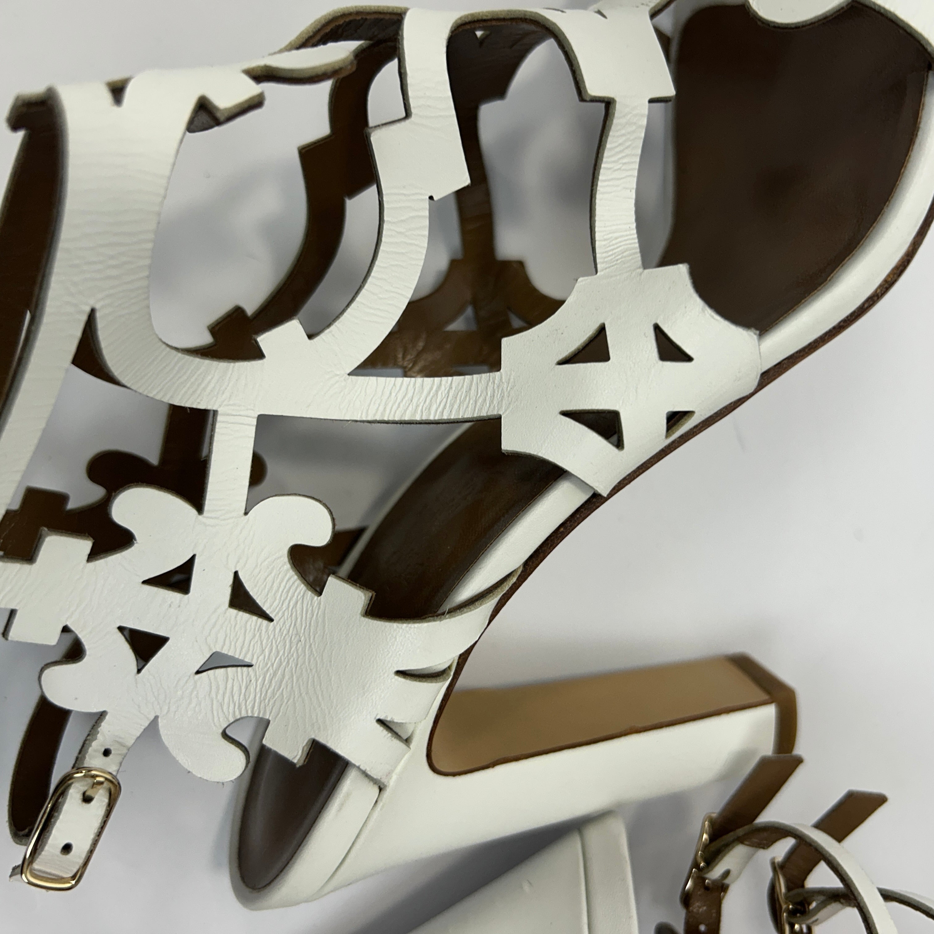 Hermes Ivory Lasercut Leather Block Heel Sandals 38