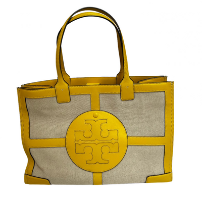 Tory Burch Natural Canvas & Yellow Leather Large Tote Bag