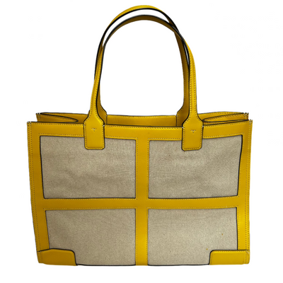 Tory Burch Natural Canvas & Yellow Leather Large Tote Bag