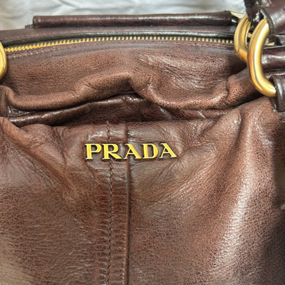 Prada Deep Brown Vitello Sheen Deerskin Large Bowling Bag