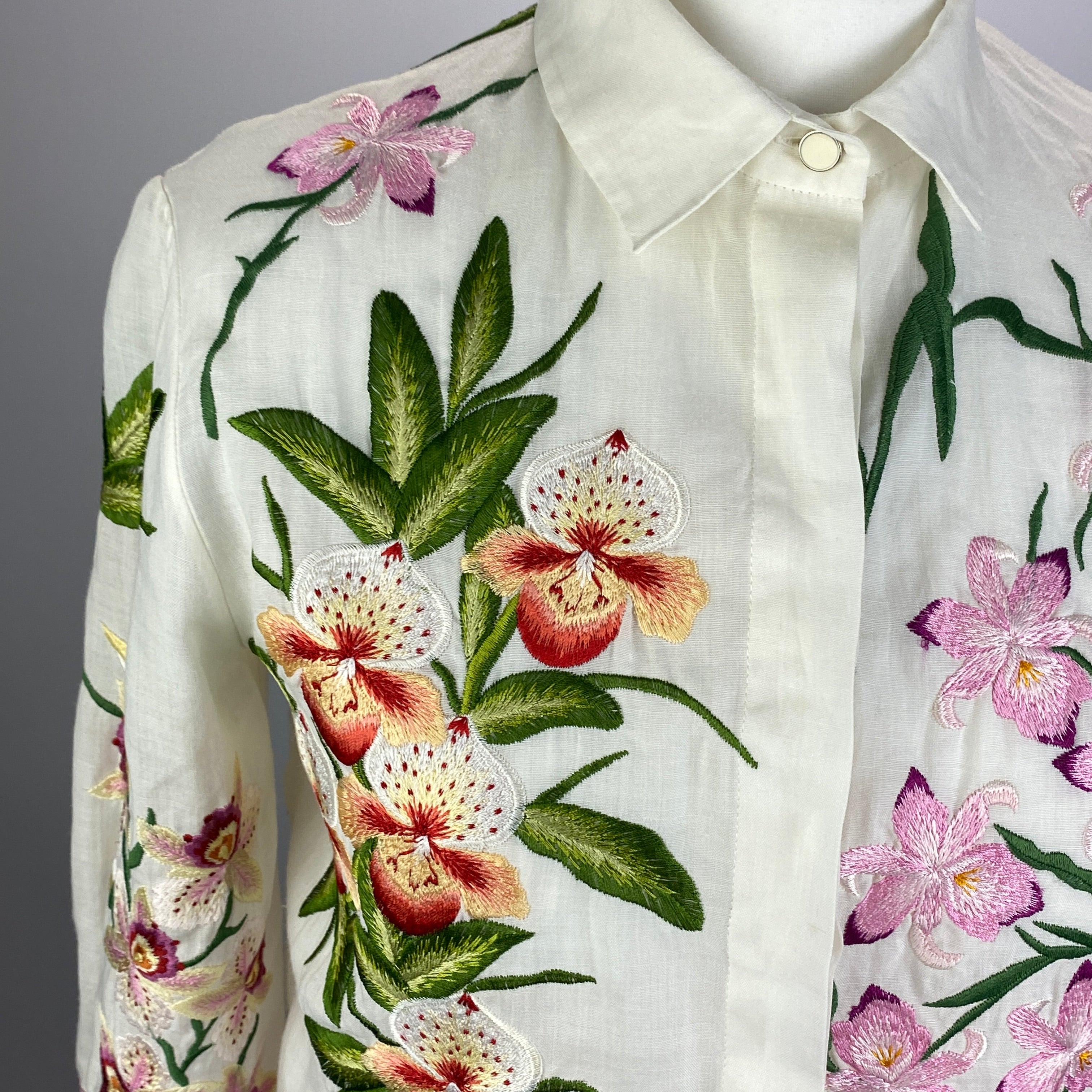 Chloe White Orchid Embroided Cotton Shirt XS