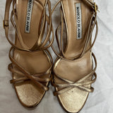 Manolo Blahnik Gold Leather Strappy Sandals 40