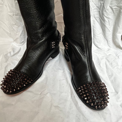 Christian Louboutin Black Leather Spike Riding Boots 39