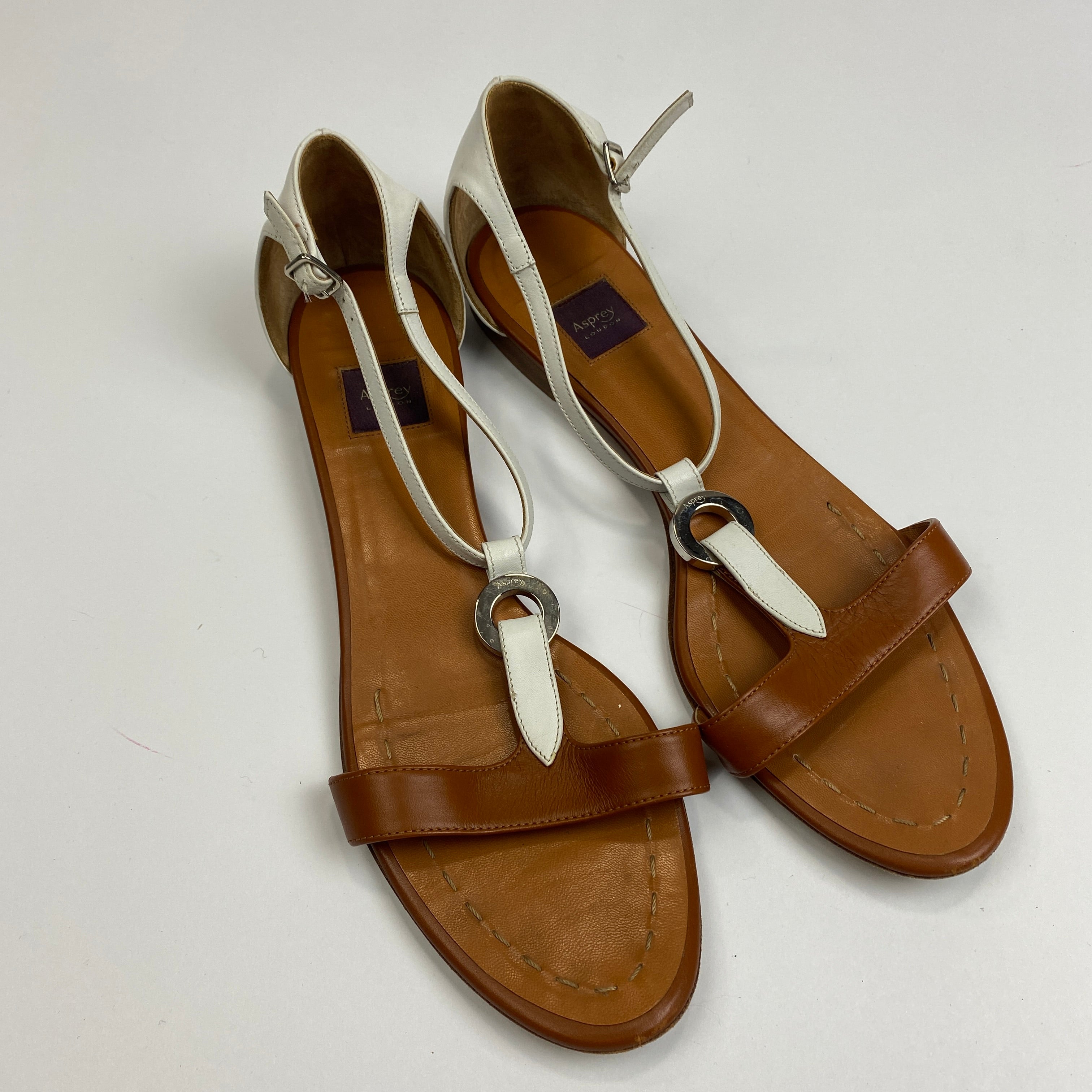 Asprey Tan & White Flat T-Bar Sandals 39.5