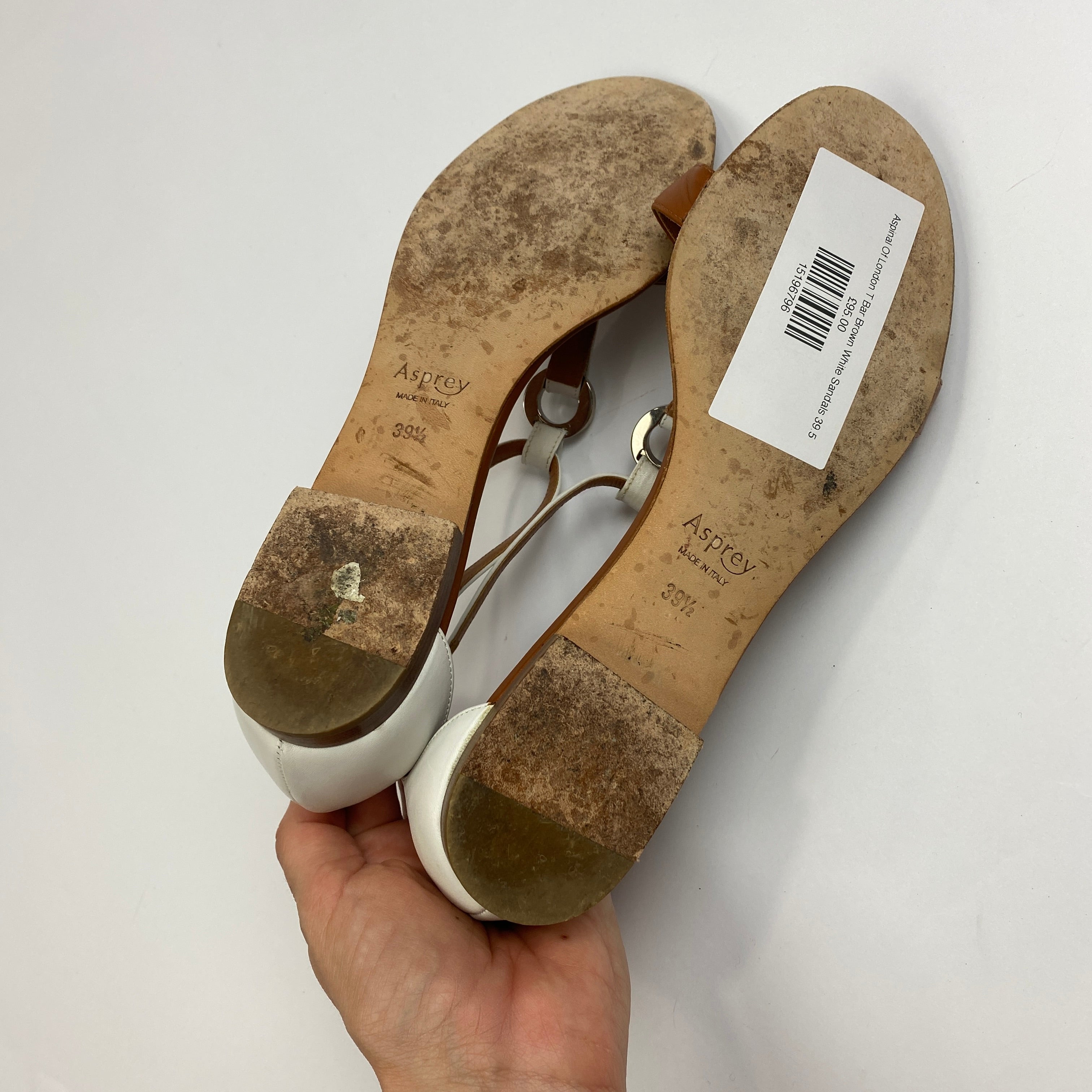 Asprey Tan & White Flat T-Bar Sandals 39.5
