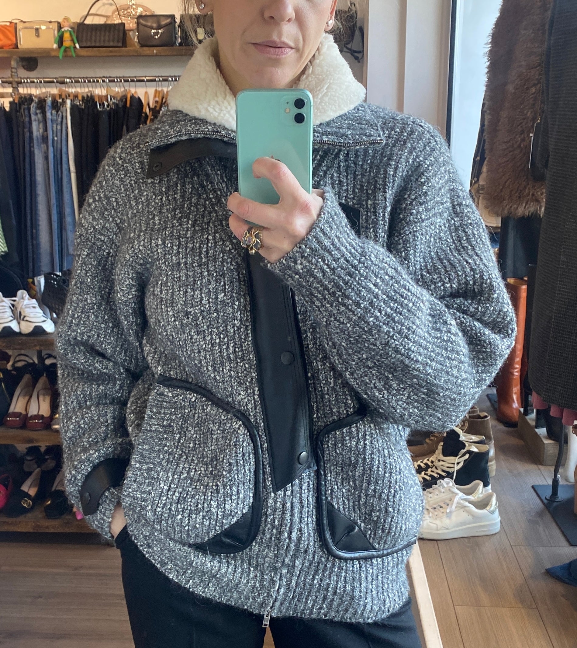 Isabel Marant Monochrome Lindley Leather Trimmed Knit Jacket M/L