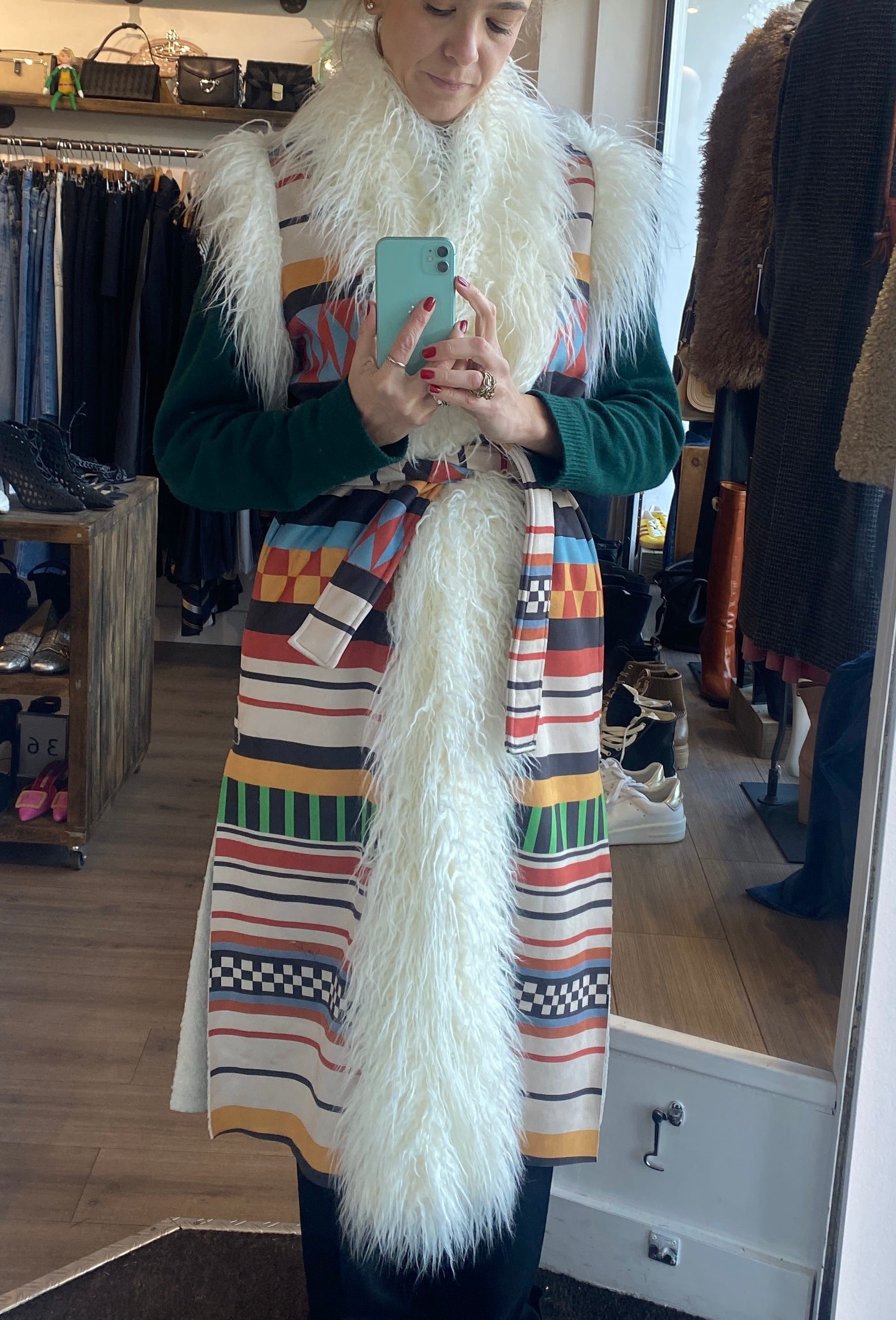 Stella Jean £1100 Geometric Faux Fur Longline Gilet S/M