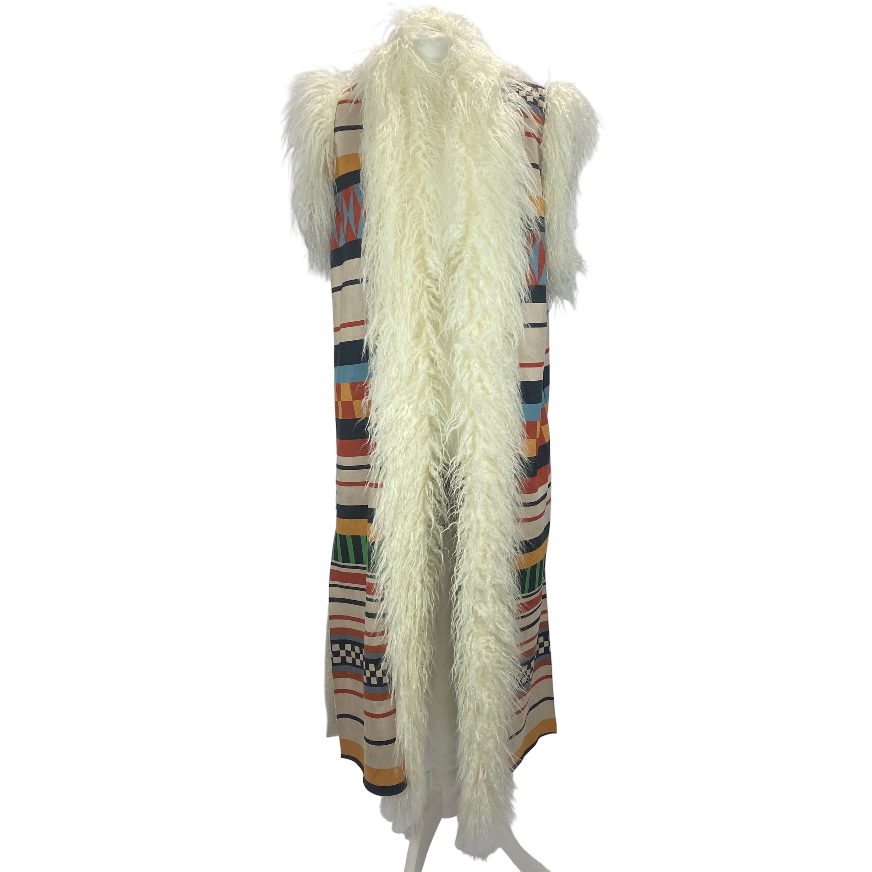 Stella Jean £1100 Geometric Faux Fur Longline Gilet S/M