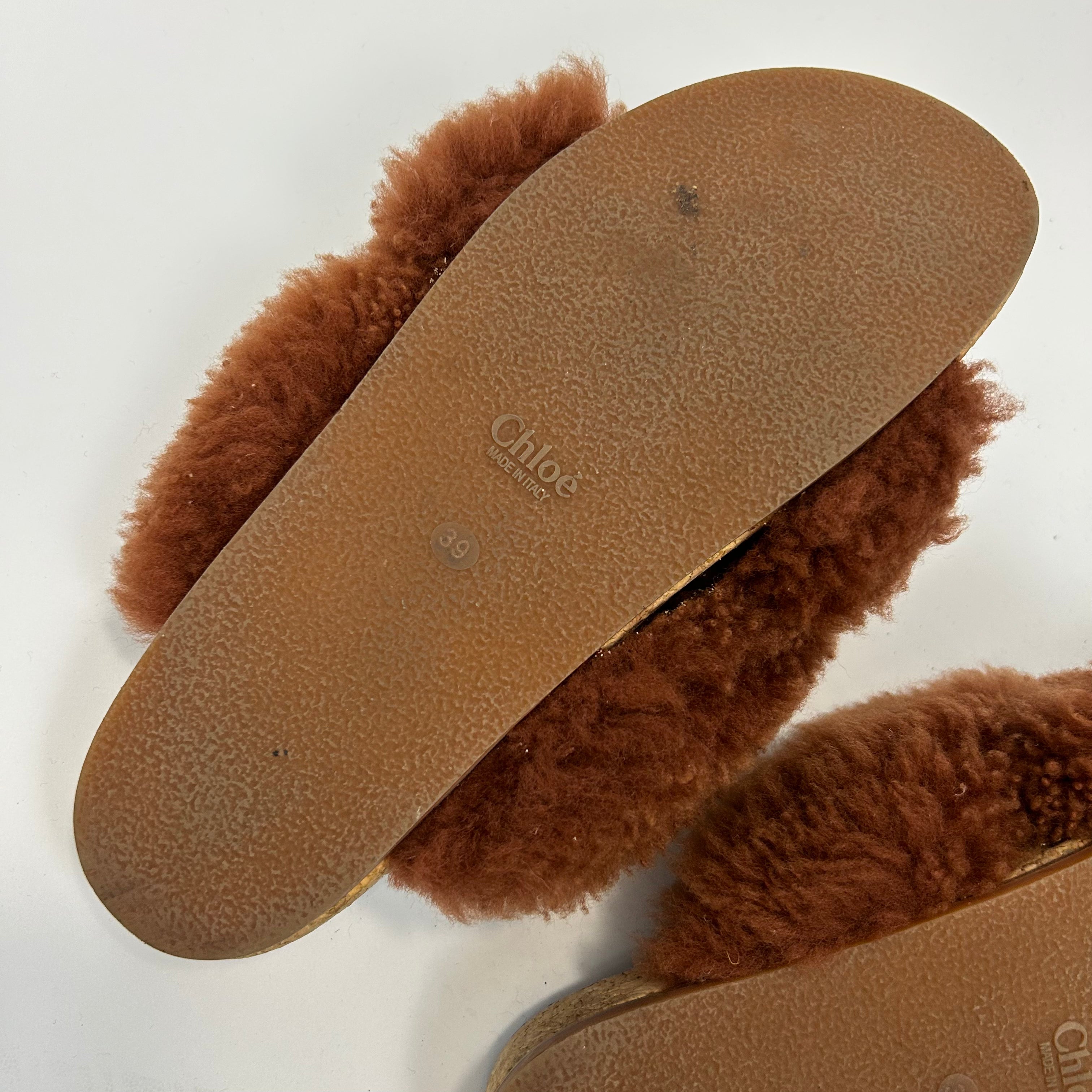 Chloe Cinammon Sheepskin Flatbed Sandals 39