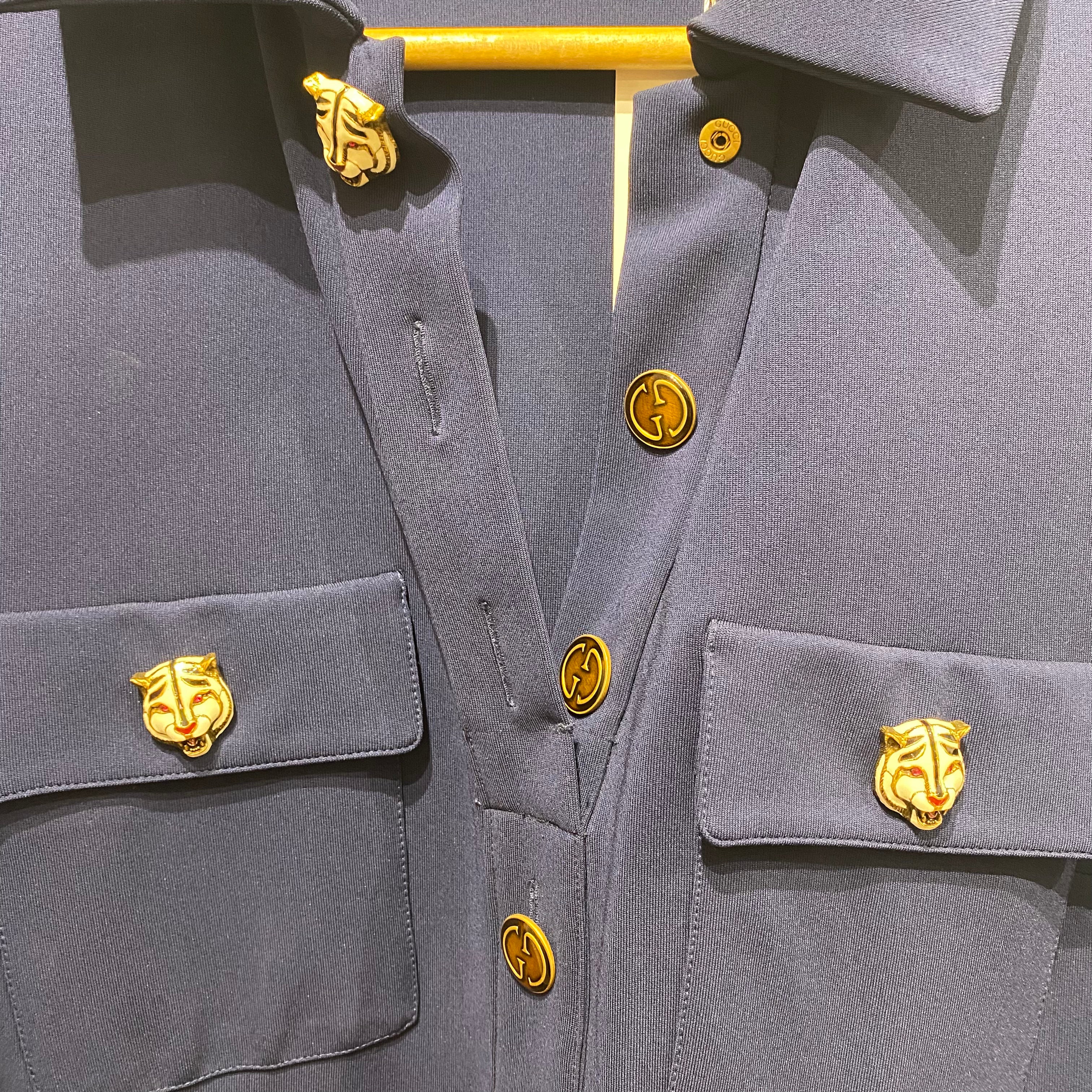 Gucci Navy Tigers Head Stretch Belted Shirt Dress M