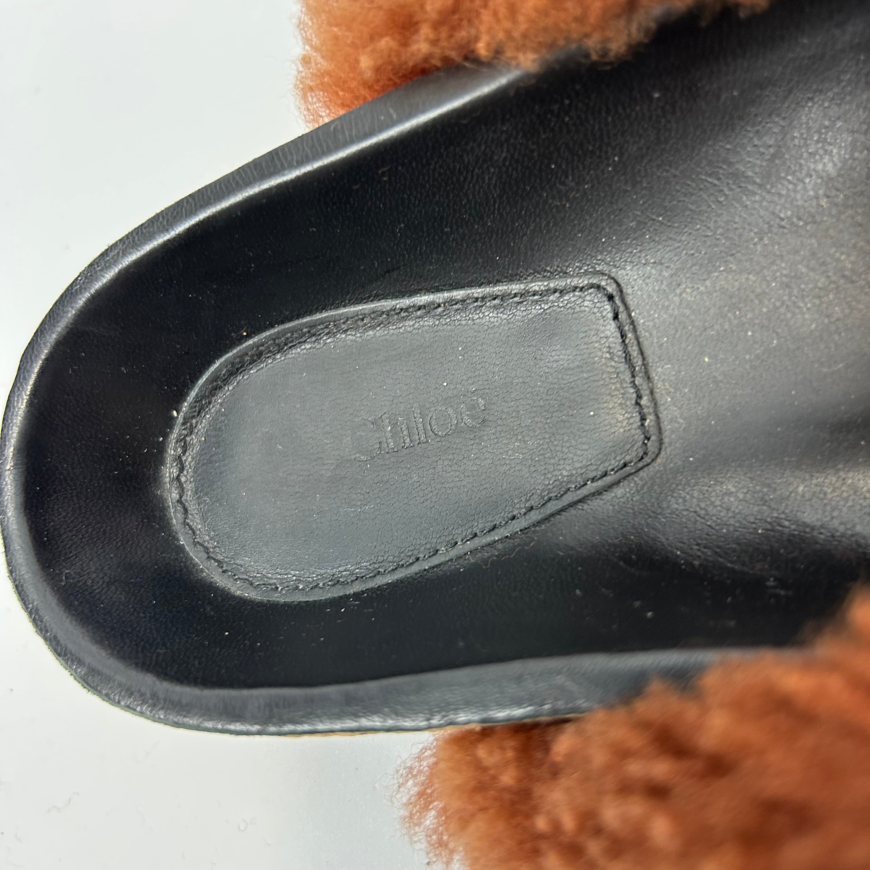 Chloe Cinammon Sheepskin Flatbed Sandals 39