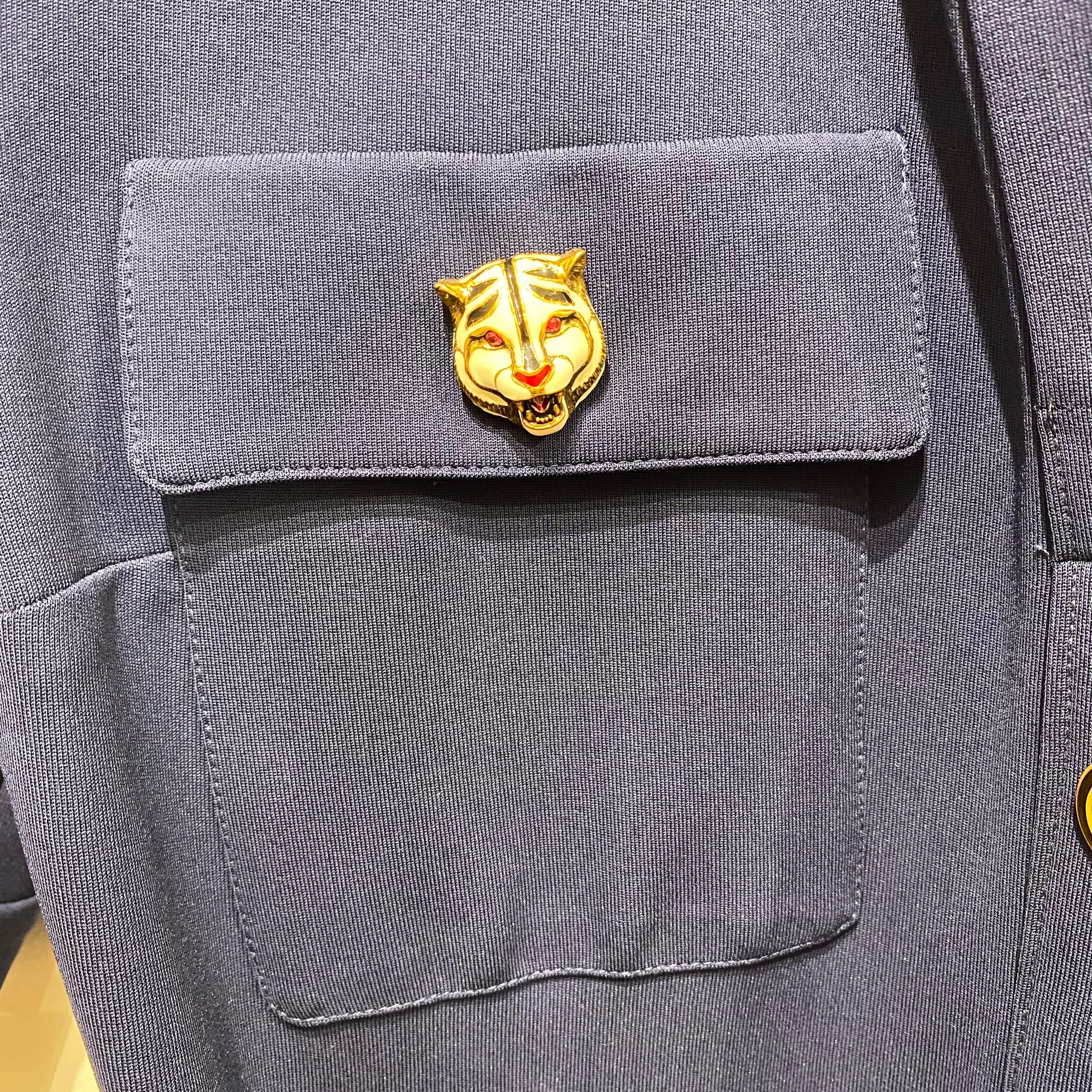 Gucci Navy Tigers Head Stretch Belted Shirt Dress M