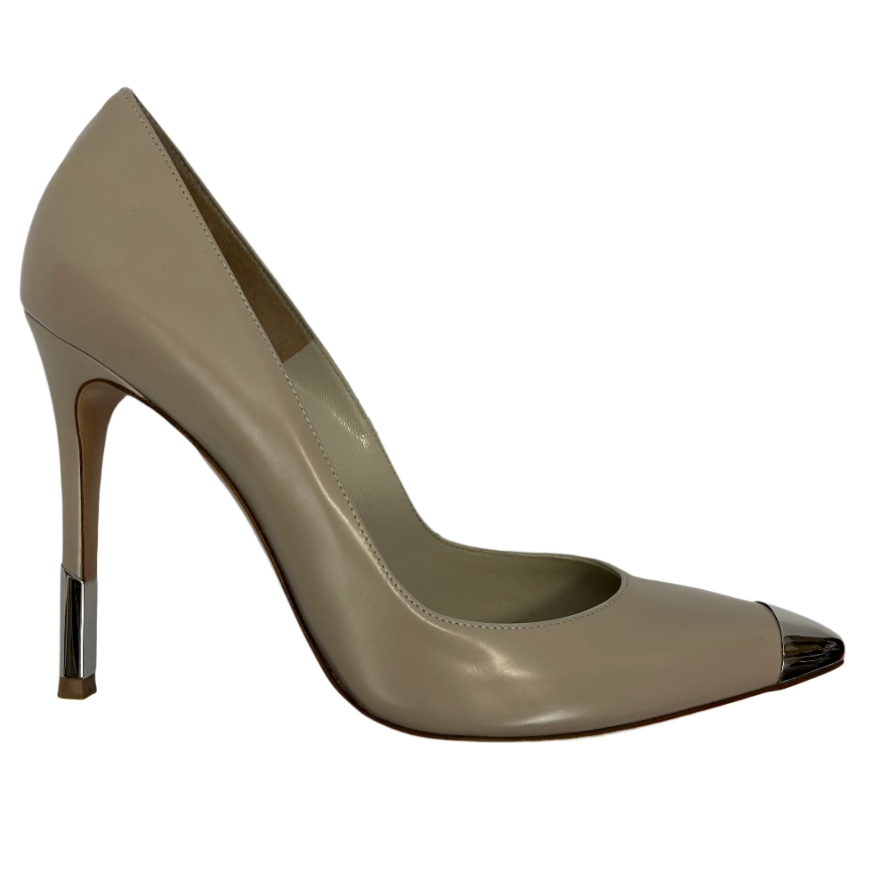 Gianvito Rossi New £730 Greige Leather Silver Toecap Heels 38.5