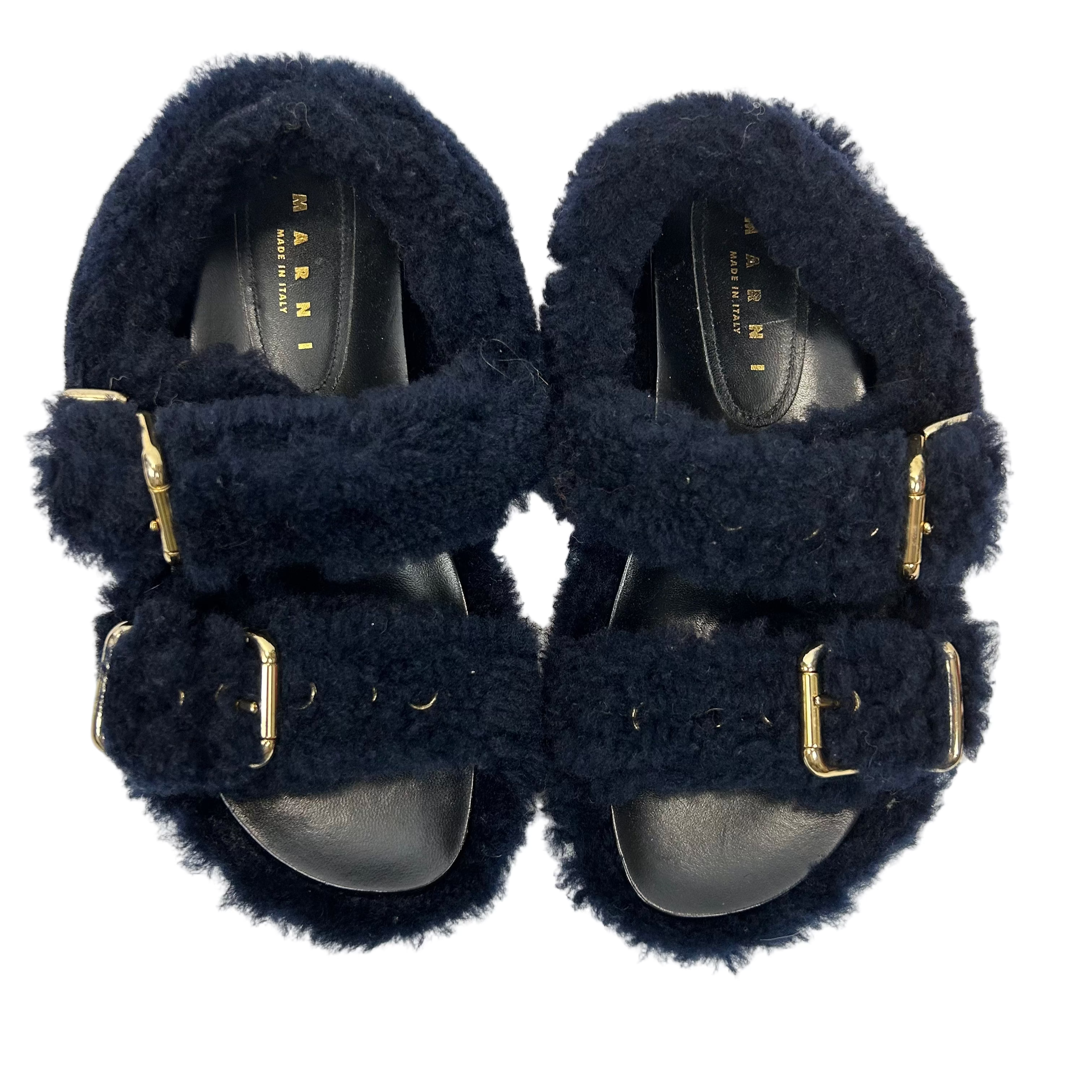 Marni New Navy Sheepskin Flatbed Sandals 37
