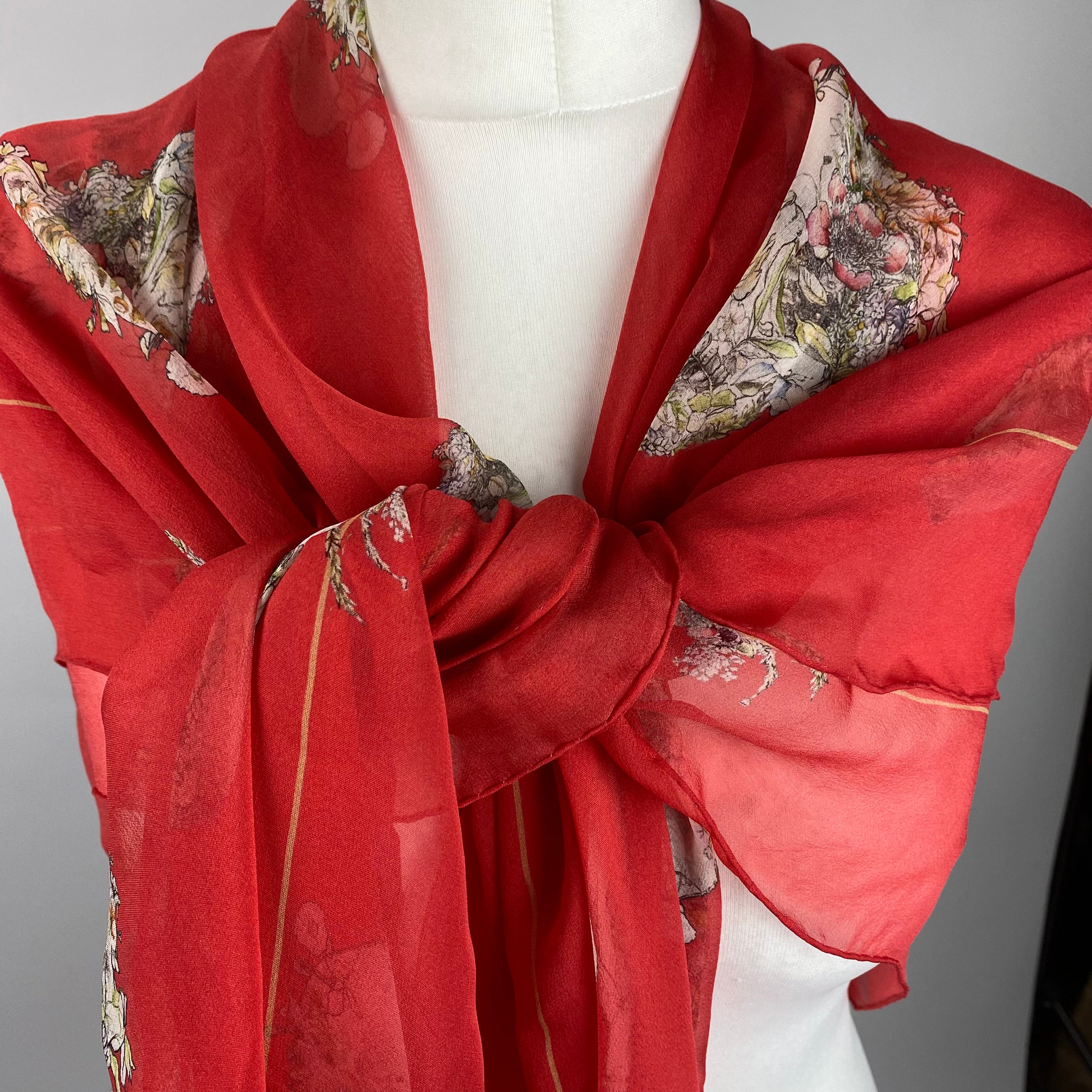 Alexander McQueen Scarlet Floral Skull Silk Chiffon Scarf